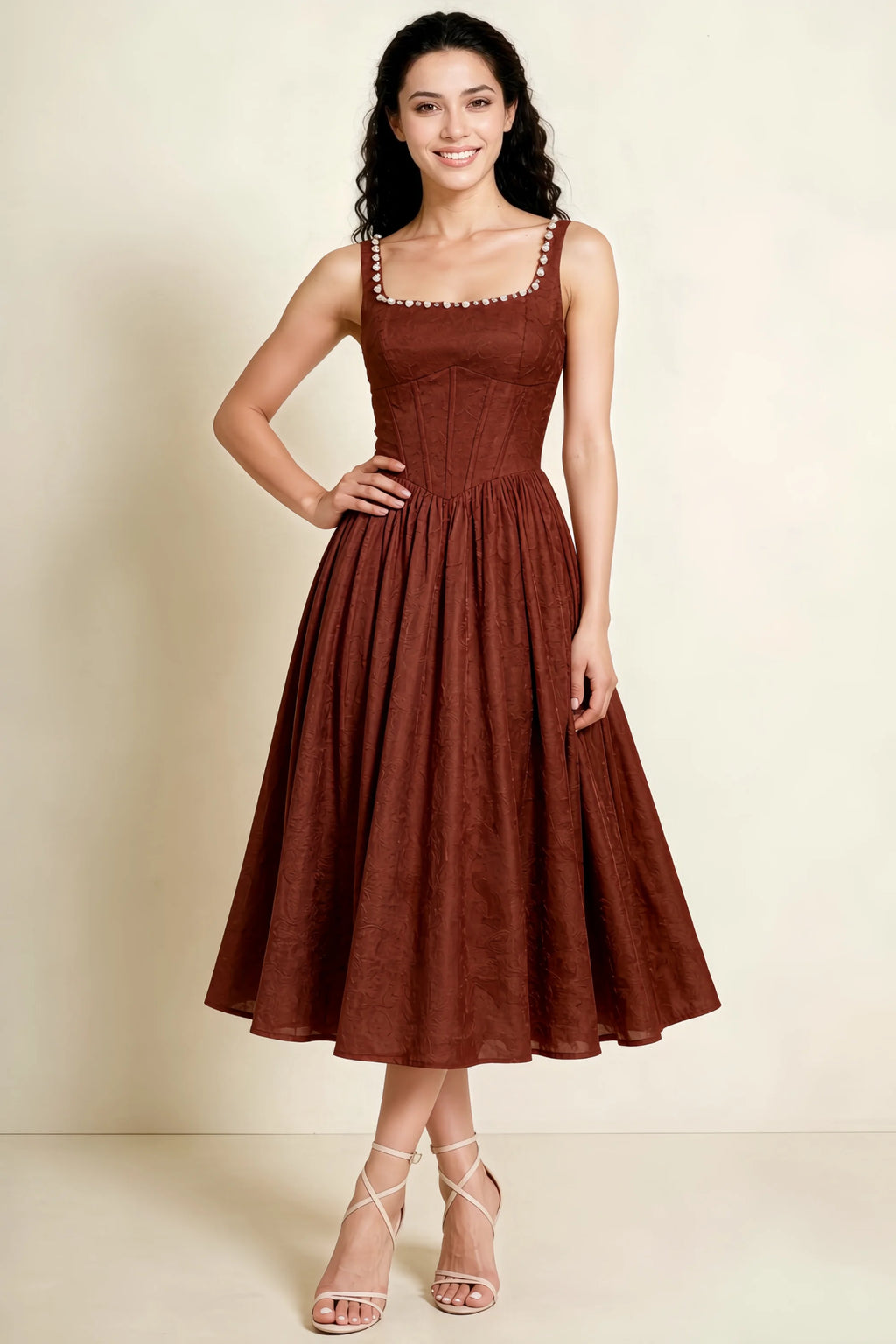 Alana Burnt Umber Jacquard Pearl Midi Dress with Pockets