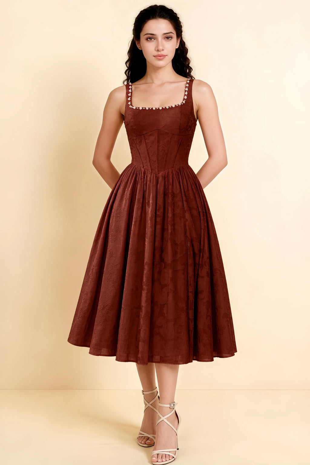 Alana Burnt Umber Jacquard Pearl Midi Dress with Pockets