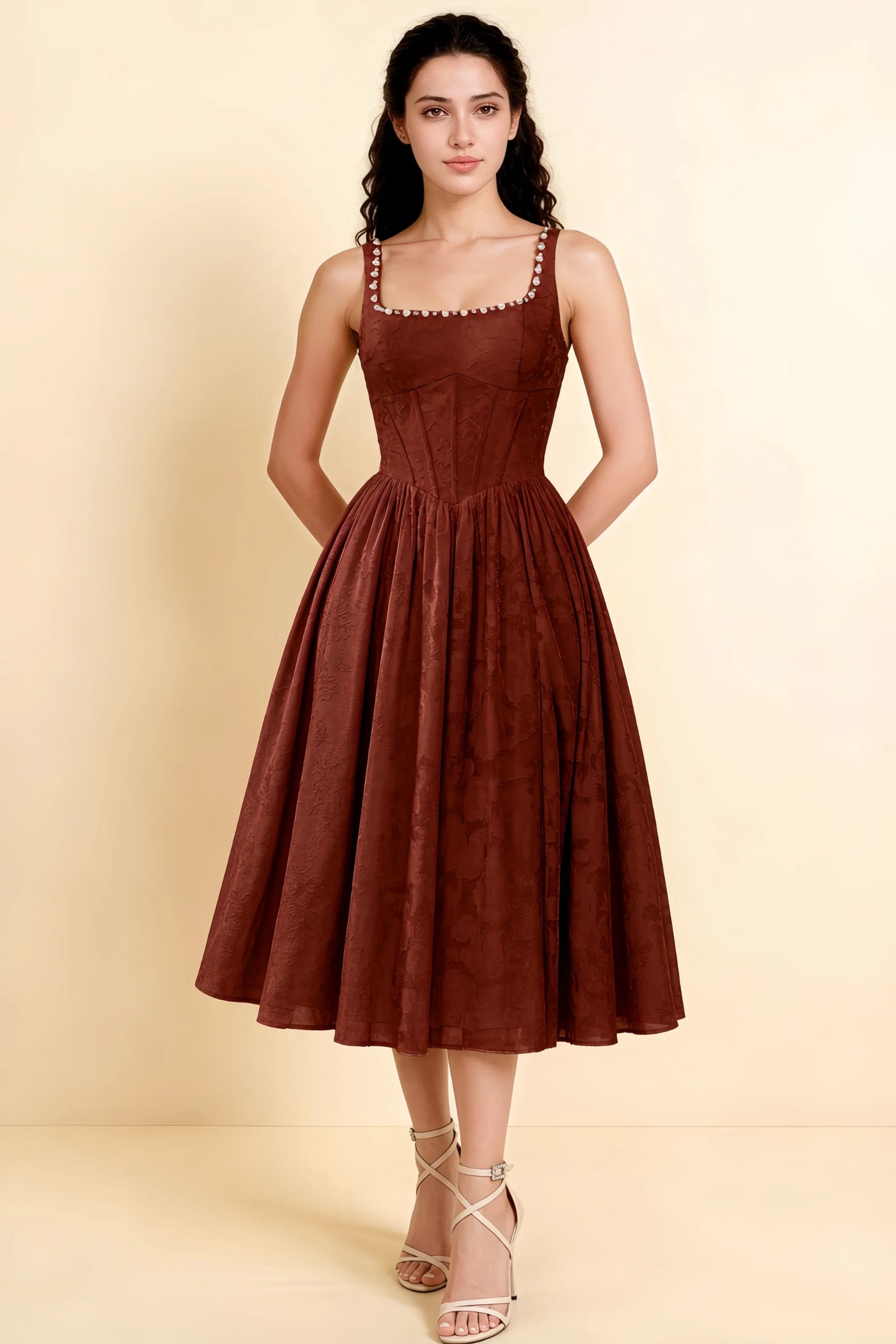 Alana Burnt Umber Jacquard Pearl Midi Dress with Pockets