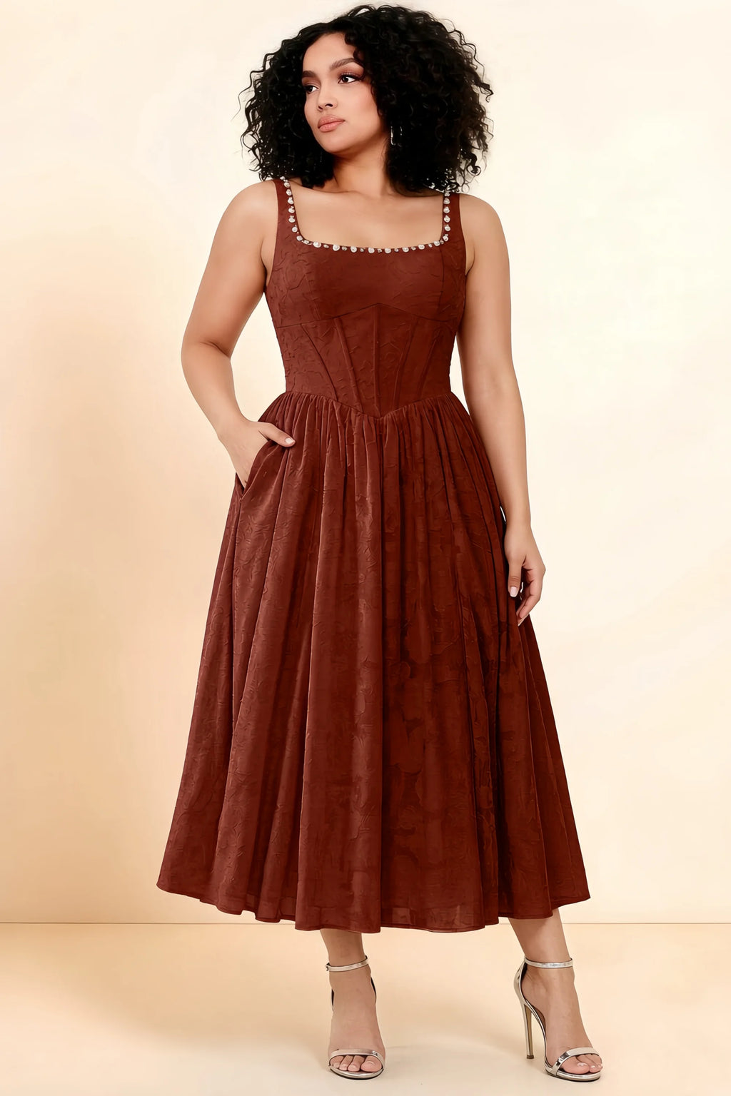 Alana Burnt Umber Jacquard Pearl Midi Dress with Pockets