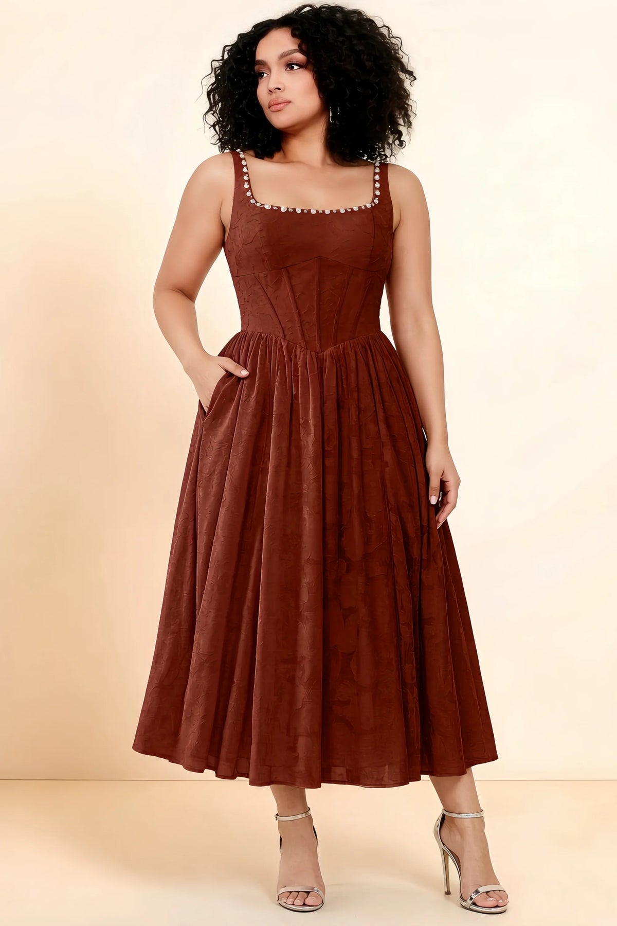 Alana Burnt Umber Jacquard Pearl Midi Dress with Pockets