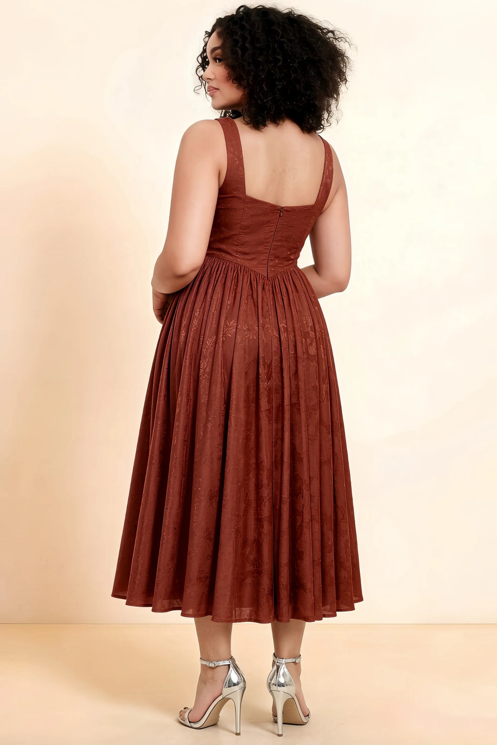 Alana Burnt Umber Jacquard Pearl Midi Dress with Pockets