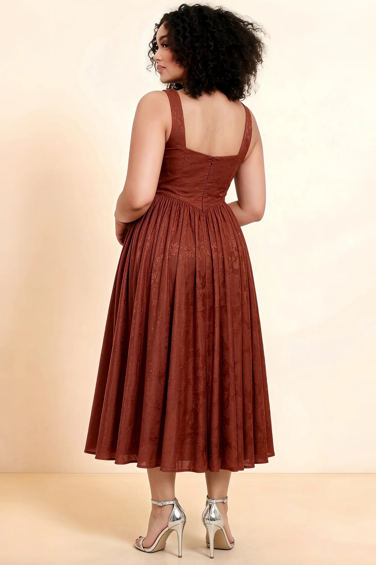 Alana Burnt Umber Jacquard Pearl Midi Dress with Pockets