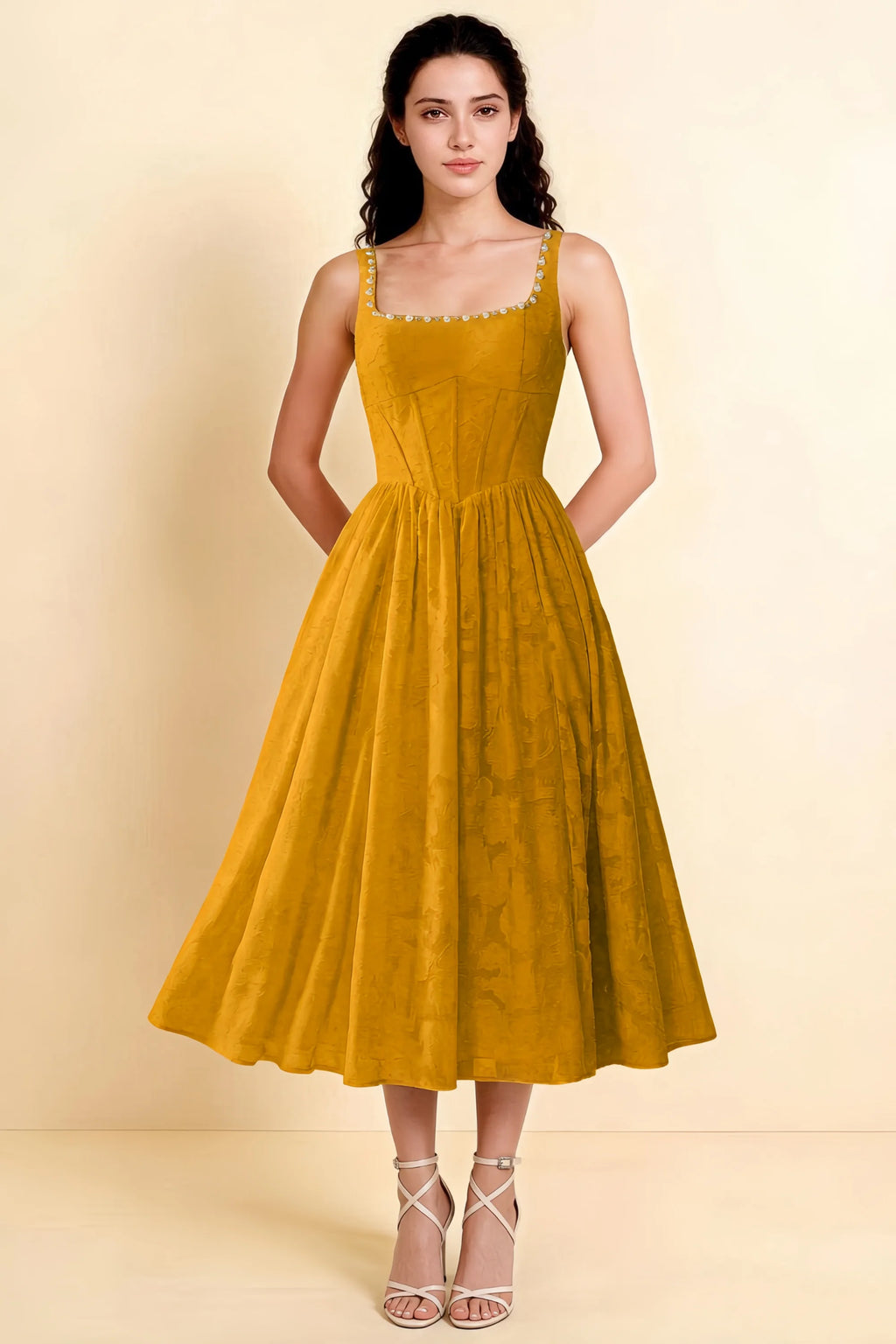 Alana Butterscotch Jacquard Pearl Midi Dress with Pockets