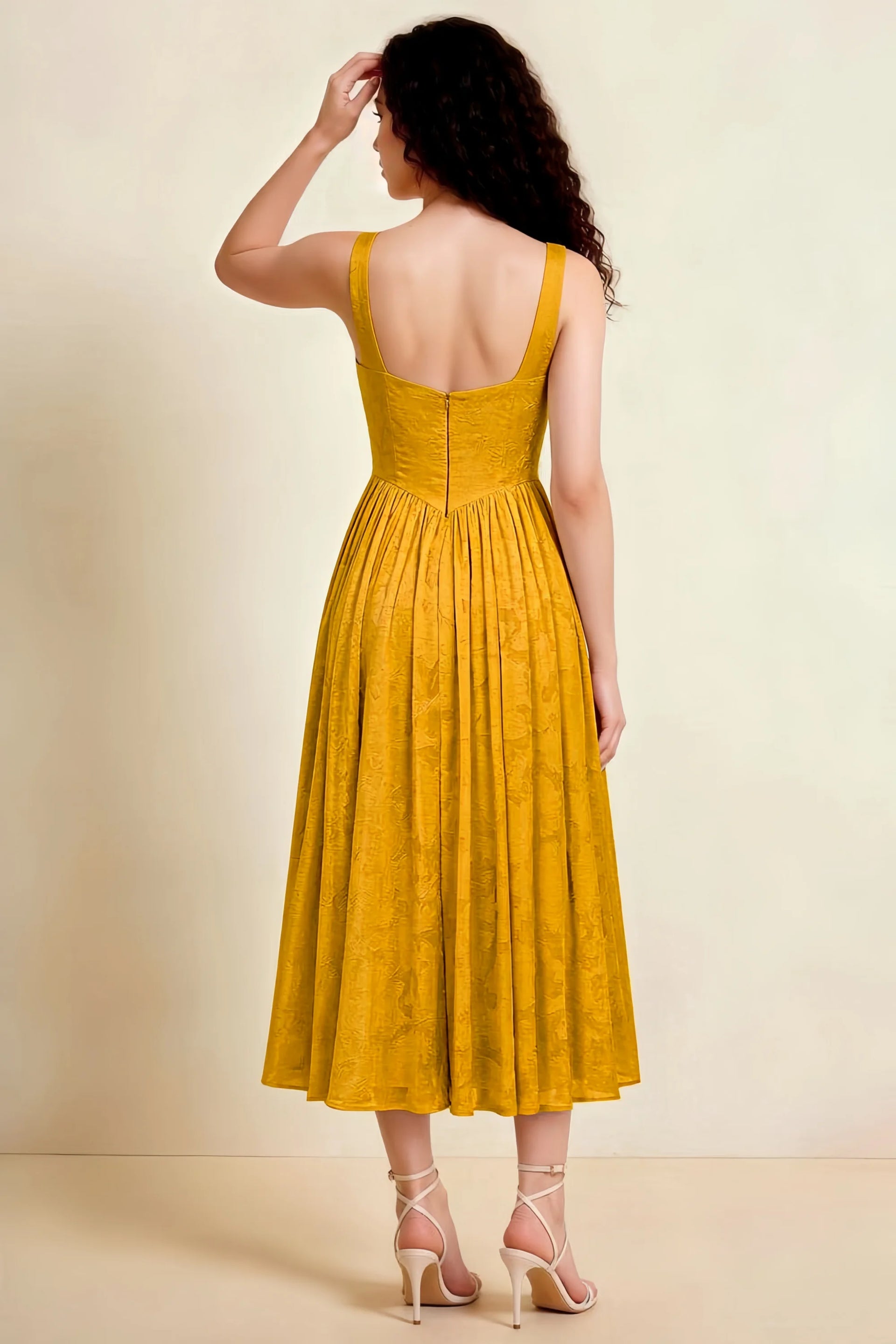 Alana Butterscotch Jacquard Pearl Midi Dress with Pockets
