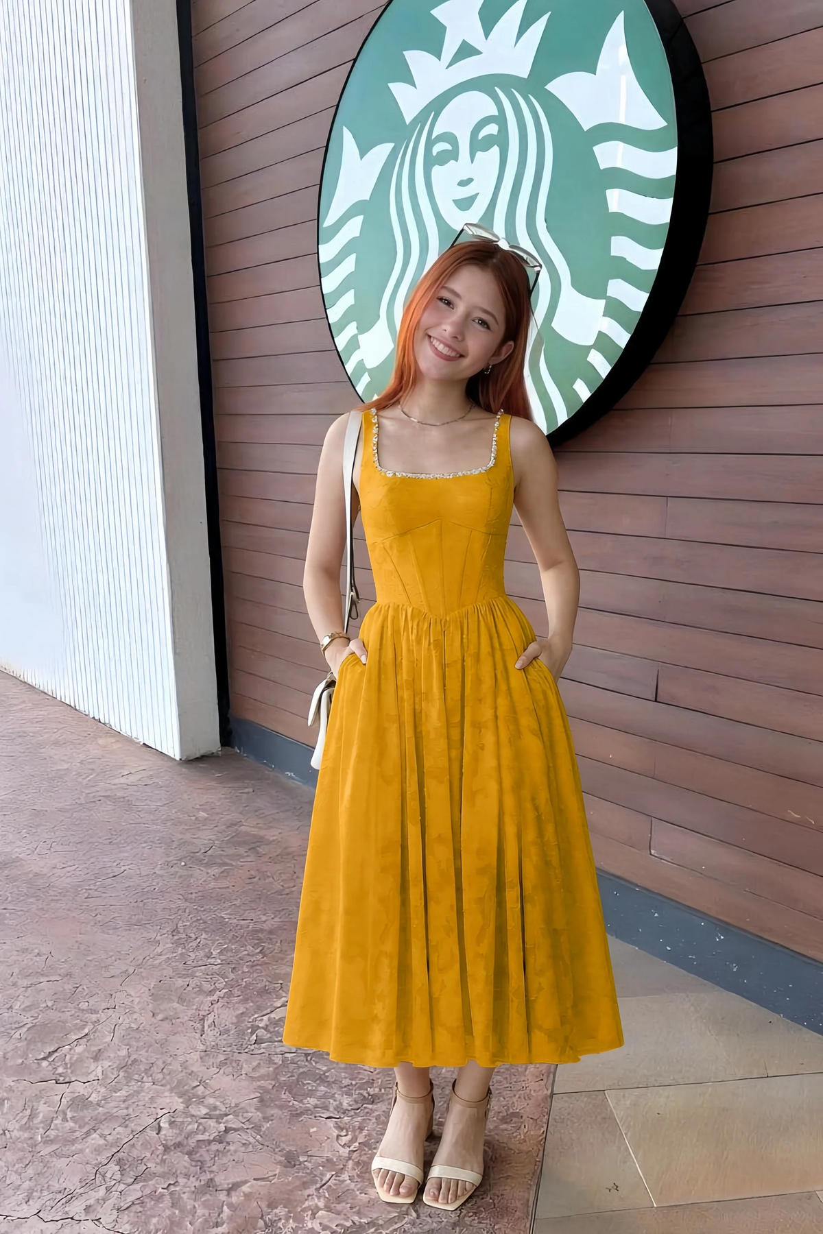 Alana Butterscotch Jacquard Pearl Midi Dress with Pockets