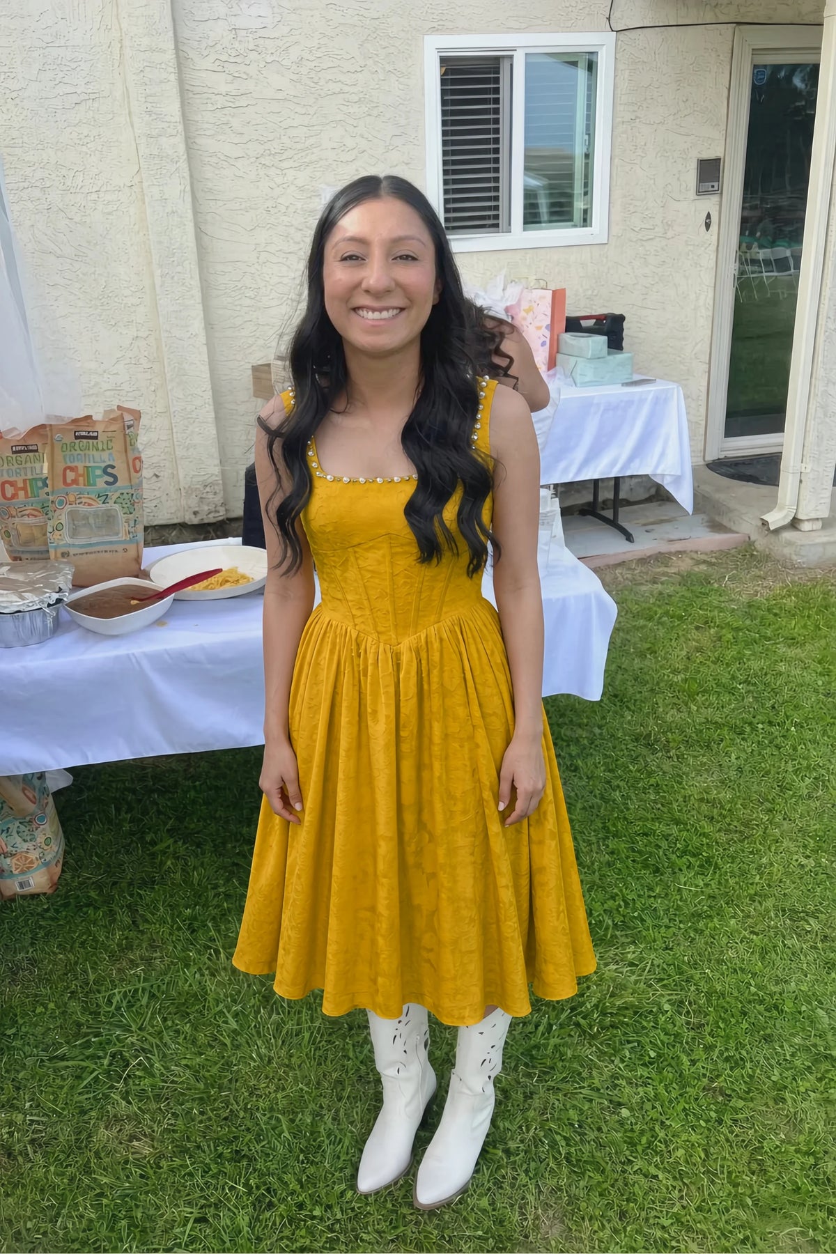 Alana Butterscotch Jacquard Pearl Midi Dress with Pockets