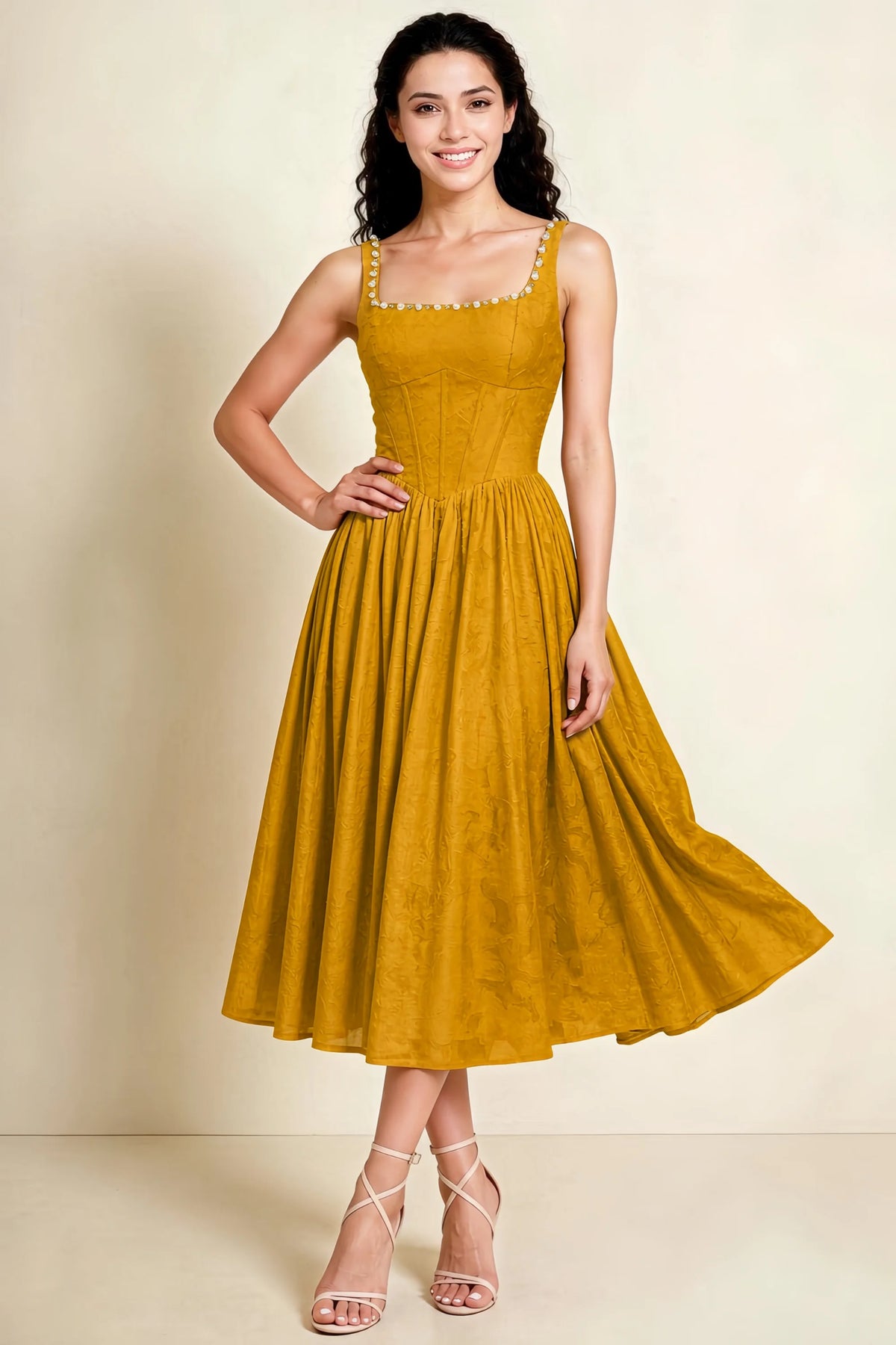 Alana Butterscotch Jacquard Pearl Midi Dress with Pockets
