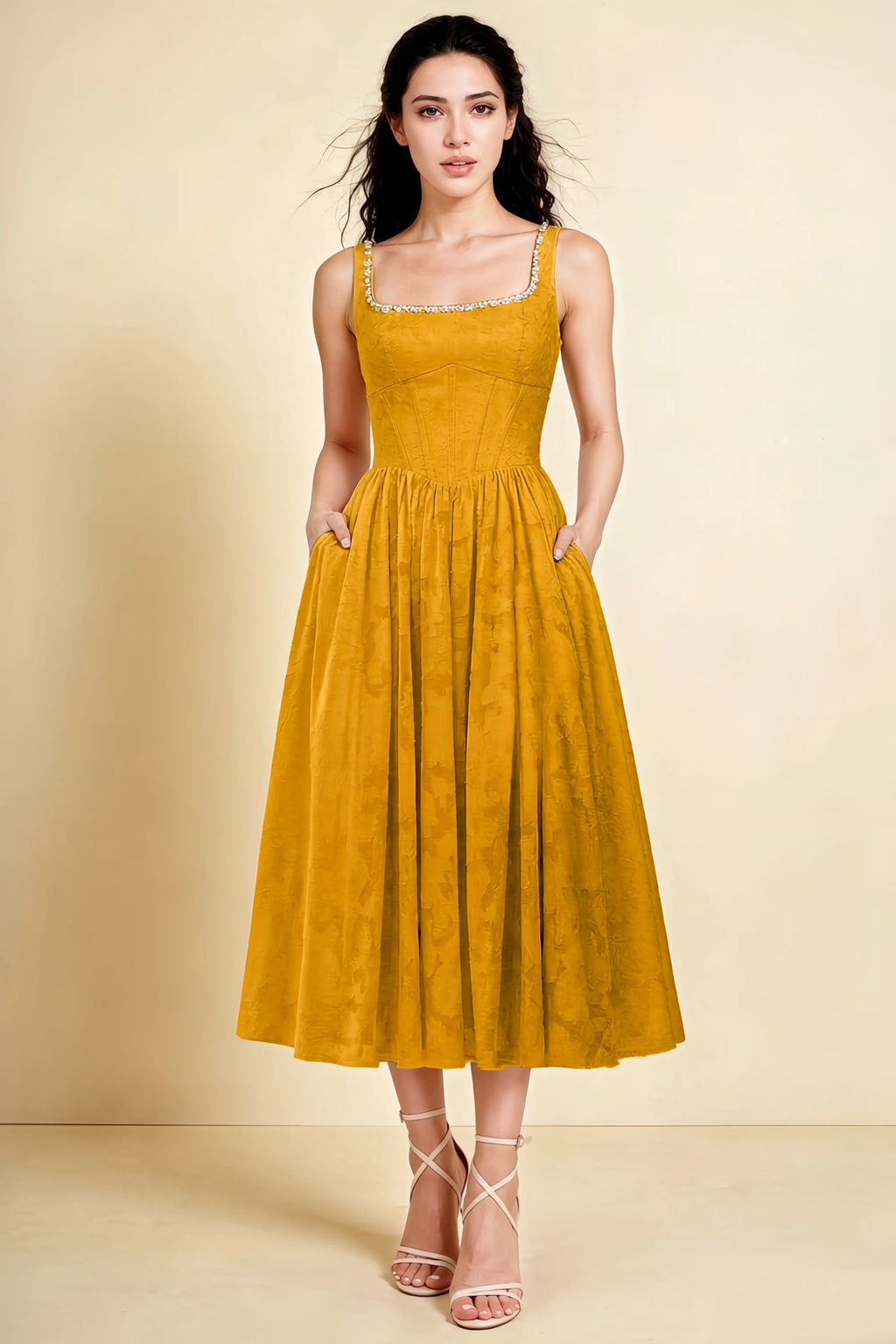 Alana Butterscotch Jacquard Pearl Midi Dress with Pockets