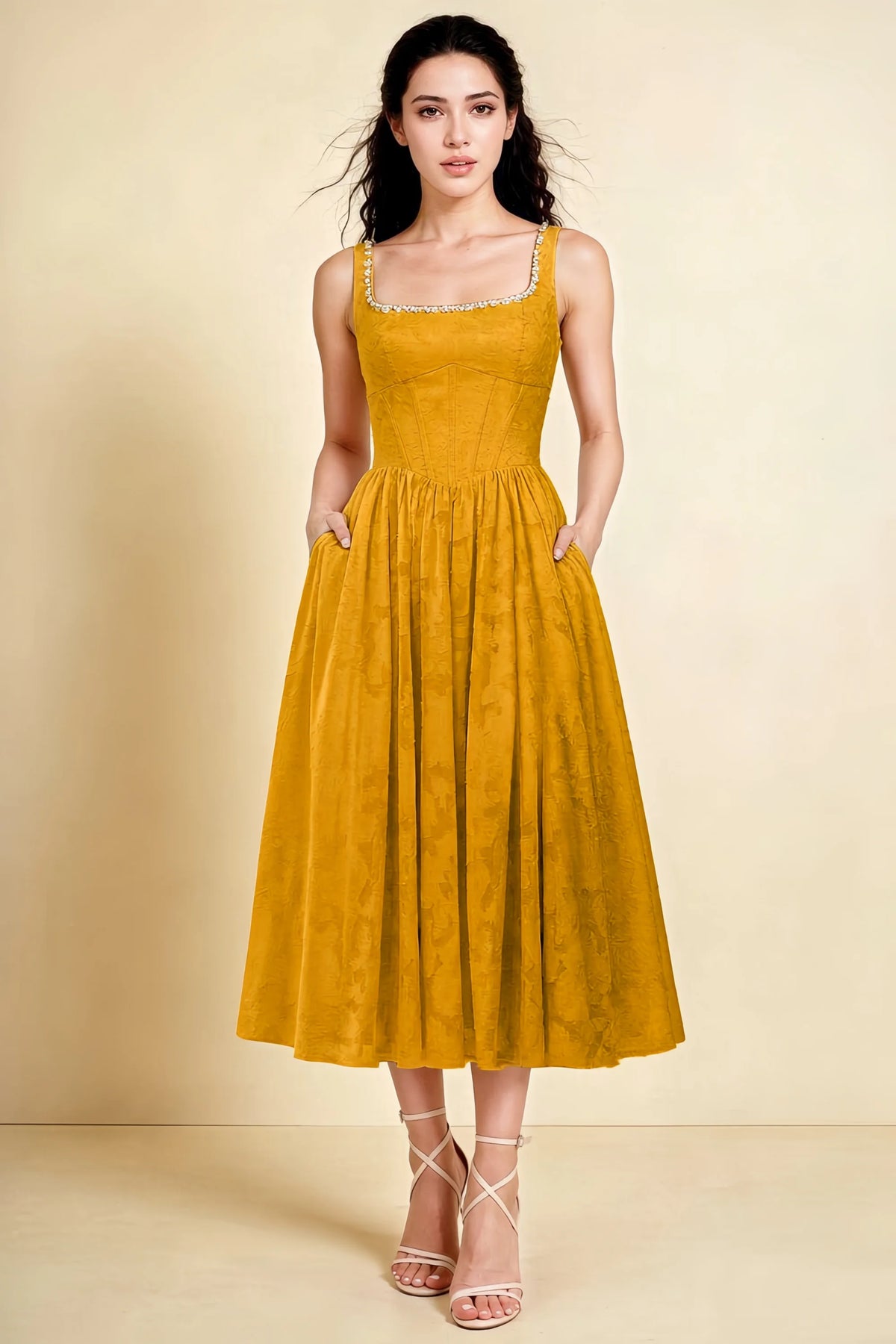 Alana Butterscotch Jacquard Pearl Midi Dress with Pockets