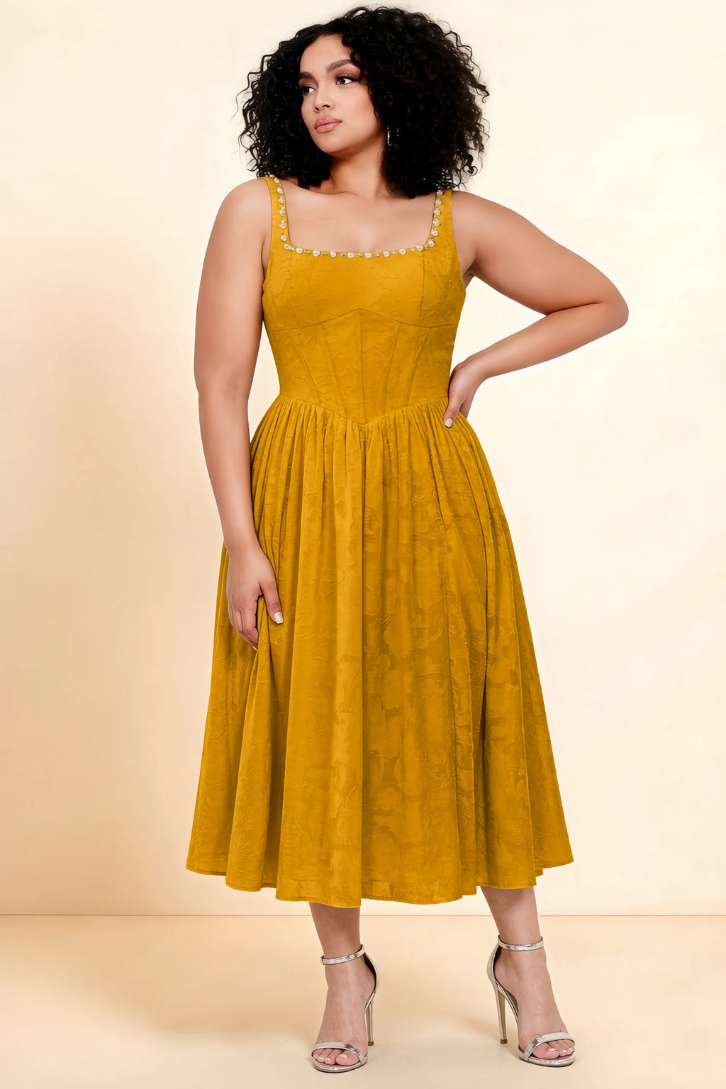Alana Butterscotch Jacquard Pearl Midi Dress with Pockets