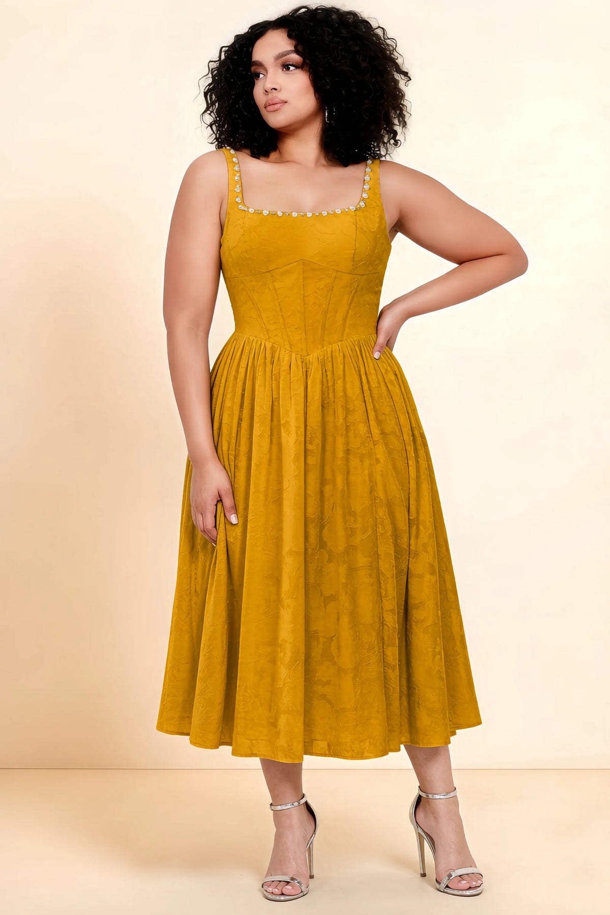 Alana Butterscotch Jacquard Pearl Midi Dress with Pockets