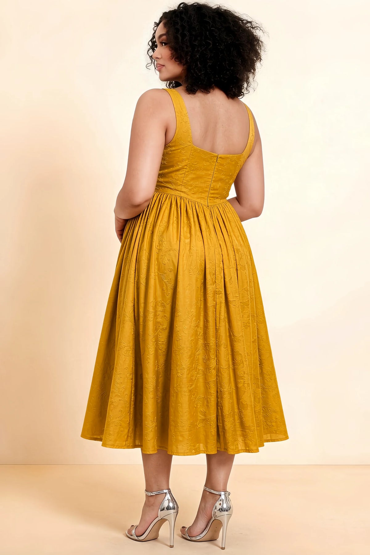 Alana Butterscotch Jacquard Pearl Midi Dress with Pockets