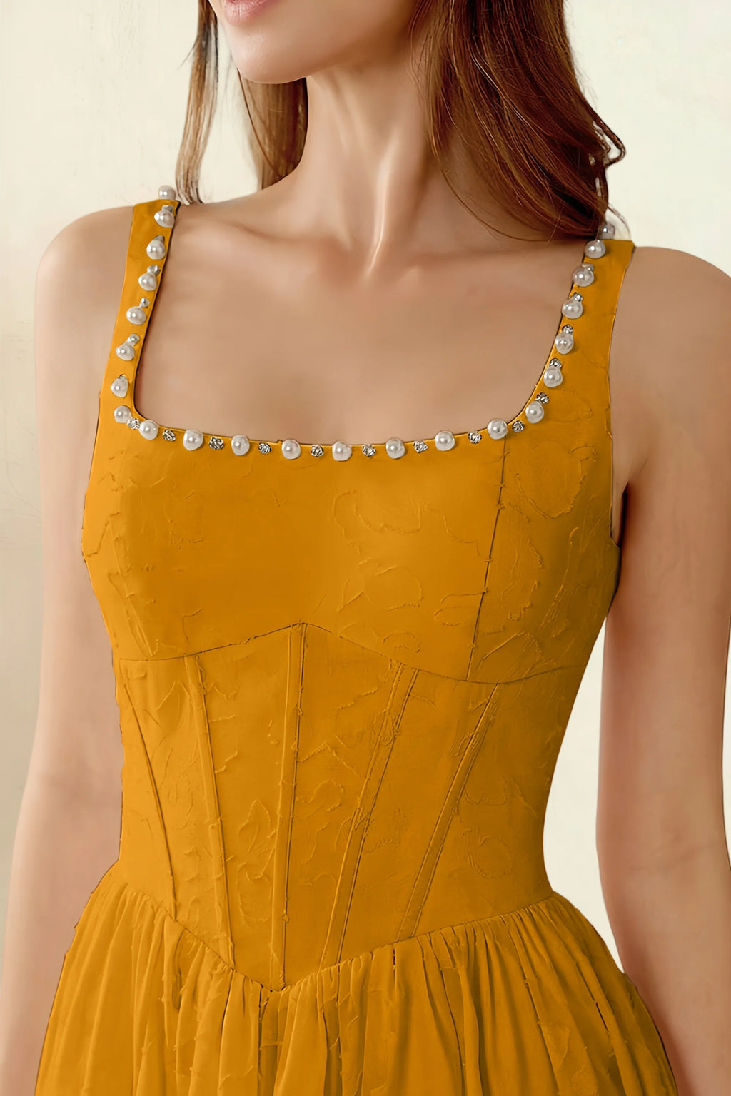 Alana Butterscotch Jacquard Pearl Midi Dress with Pockets