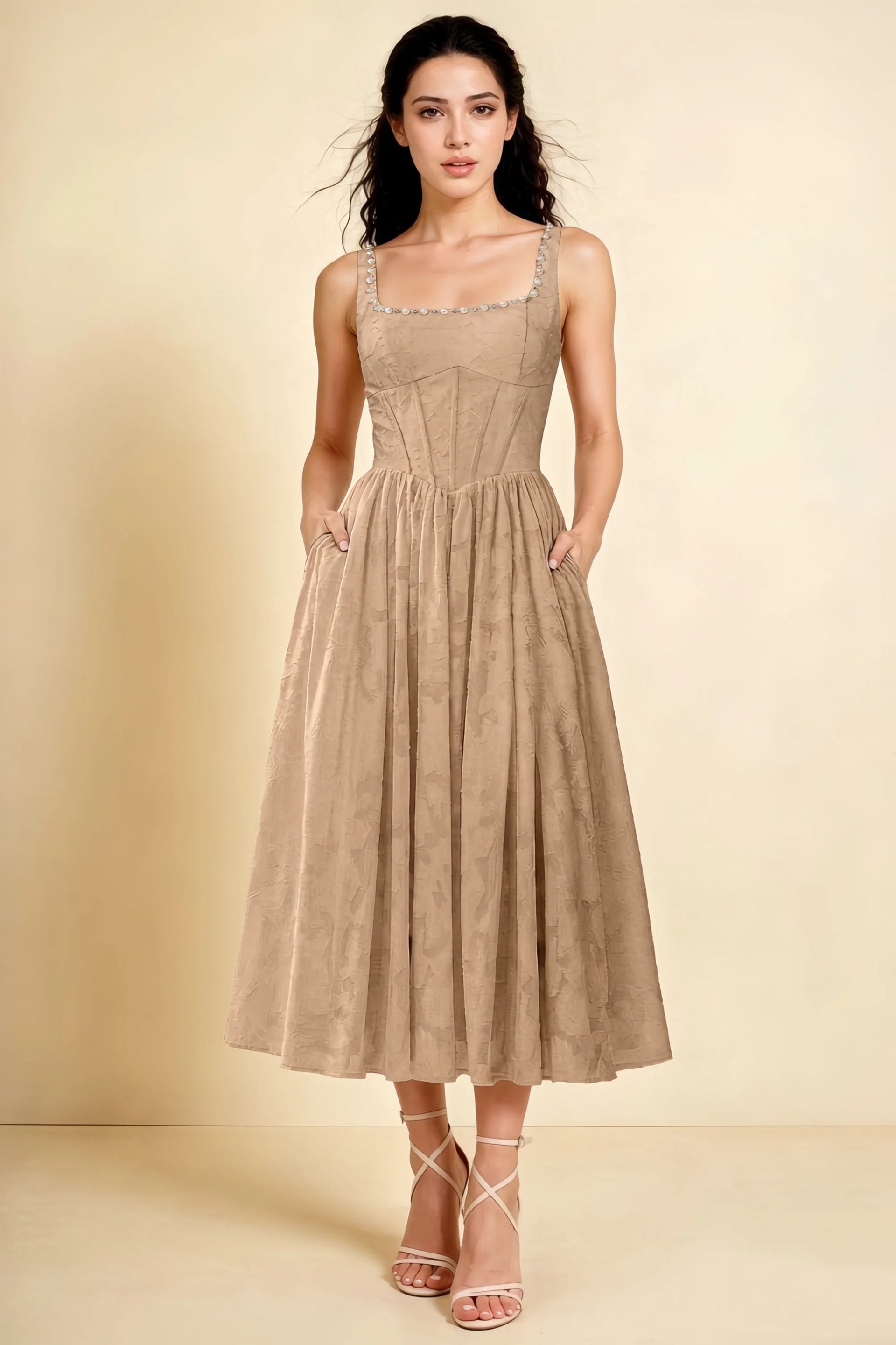 Alana Champagne Jacquard Pearl Midi Dress with Pockets
