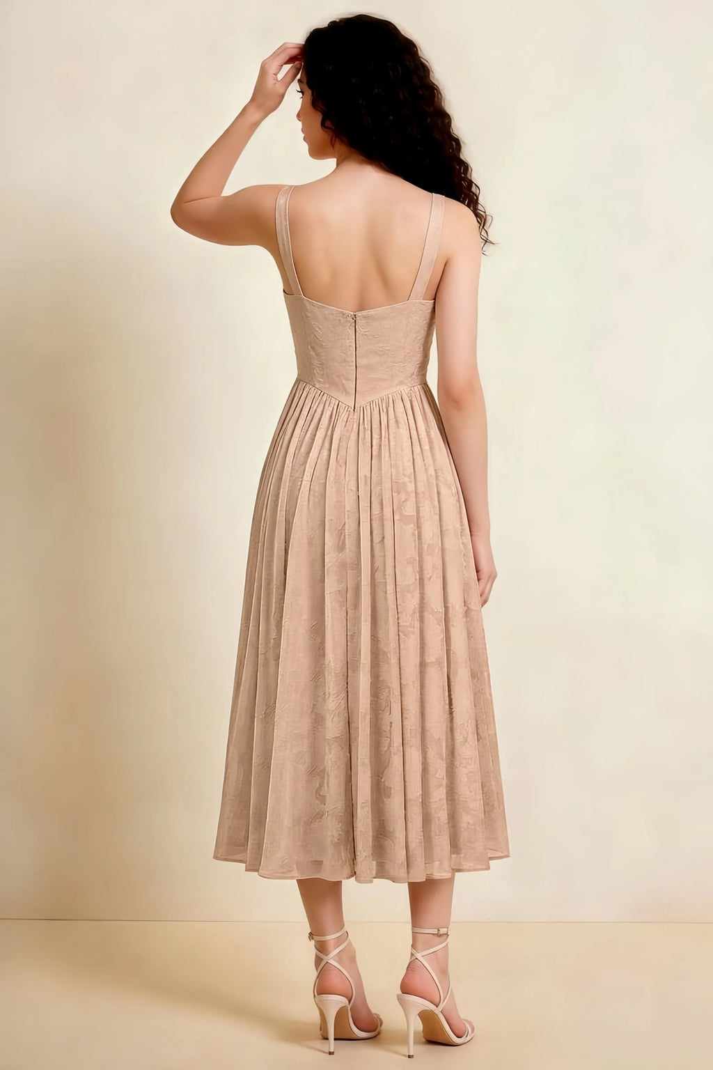 Alana Champagne Jacquard Pearl Midi Dress with Pockets