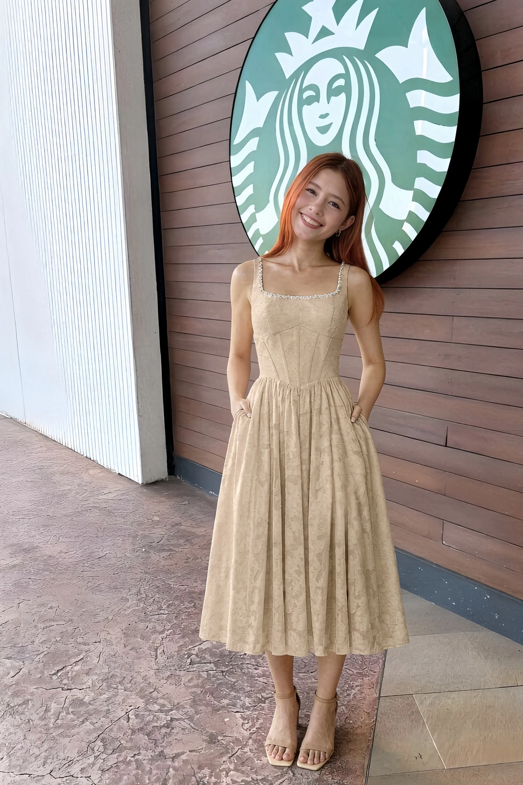 Alana Champagne Jacquard Pearl Midi Dress with Pockets