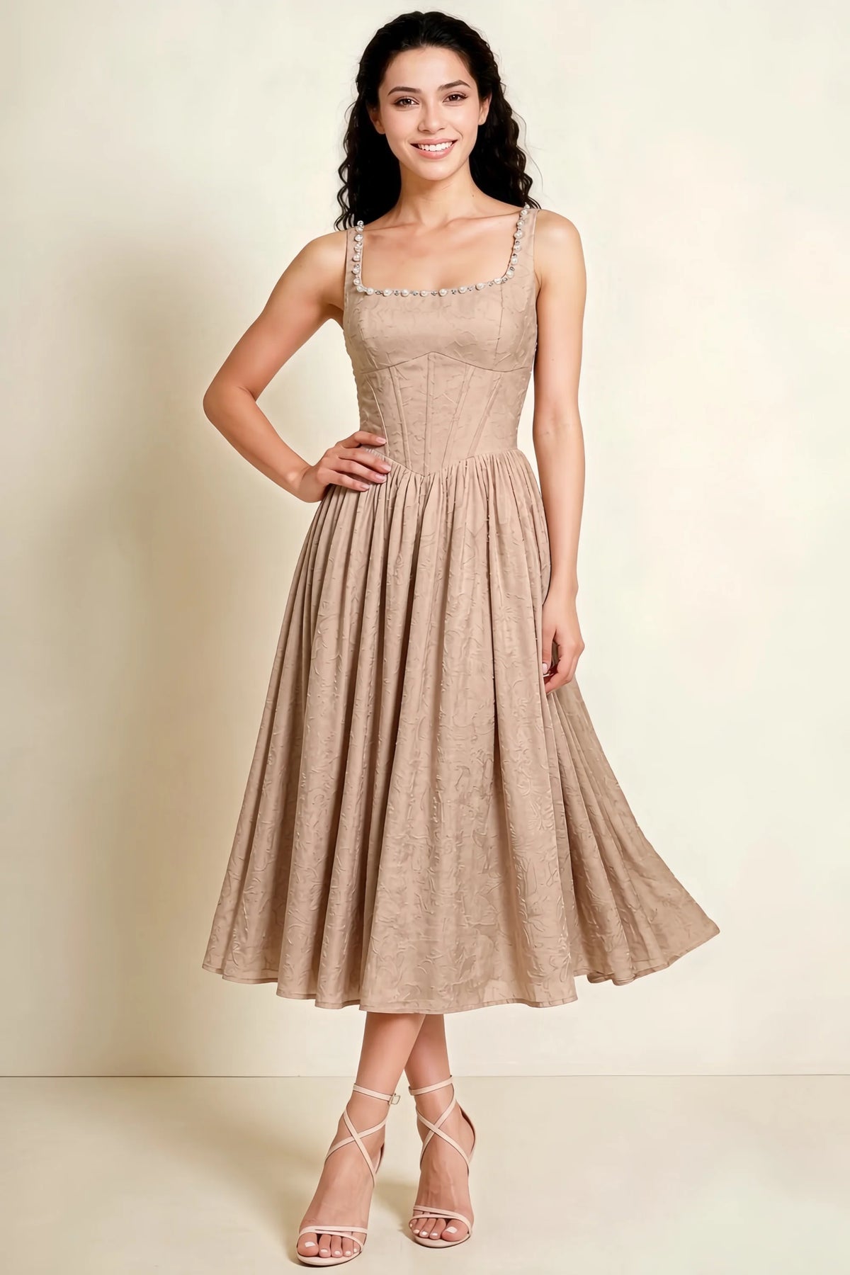 Alana Champagne Jacquard Pearl Midi Dress with Pockets