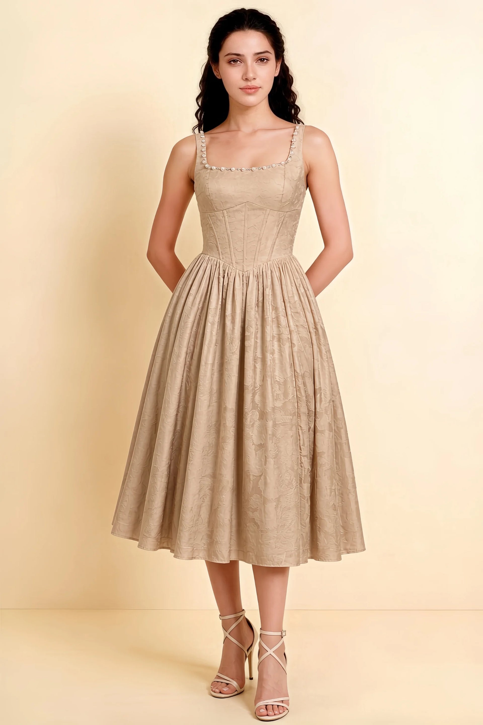 Alana Champagne Jacquard Pearl Midi Dress with Pockets