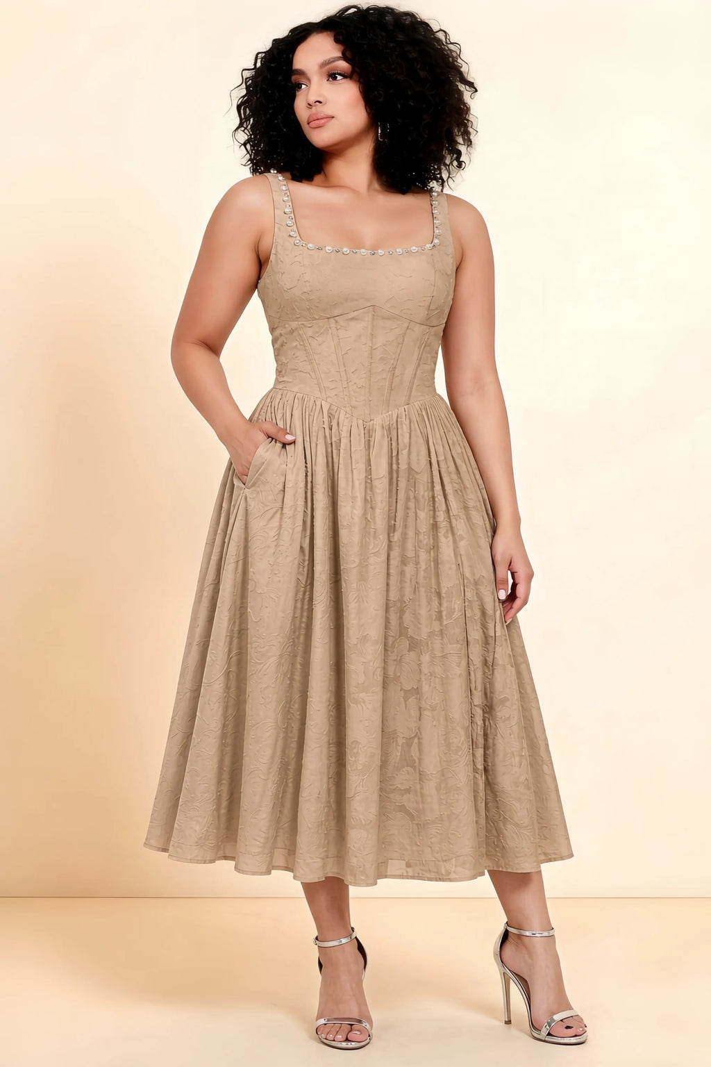 Alana Champagne Jacquard Pearl Midi Dress with Pockets