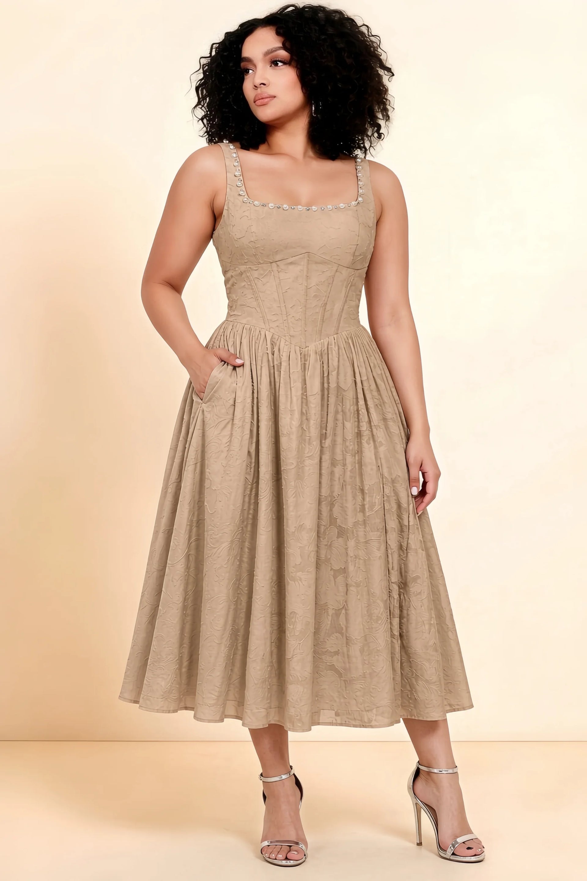 Alana Champagne Jacquard Pearl Midi Dress with Pockets