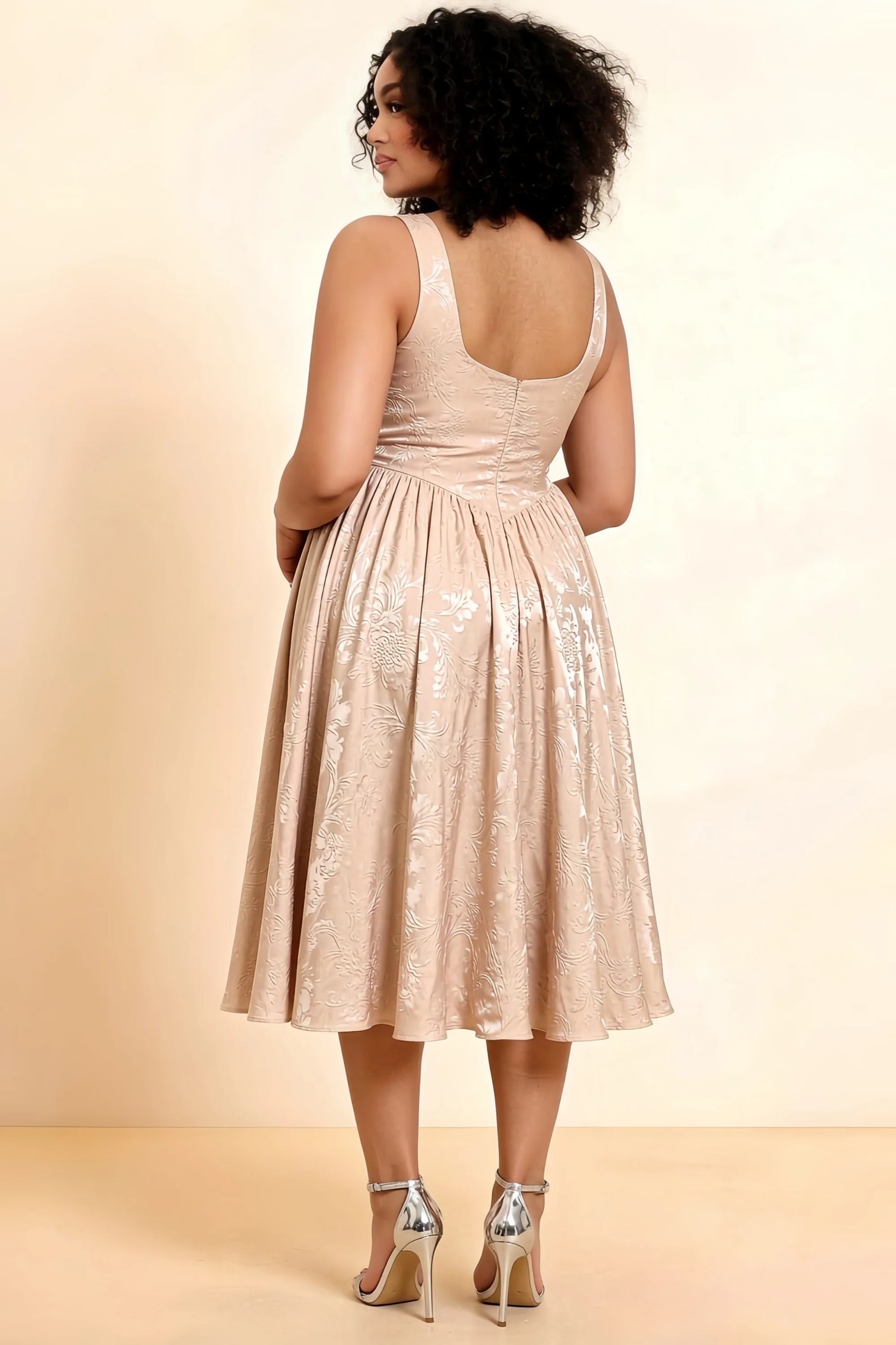 Alana Champagne Jacquard Pearl Midi Dress with Pockets