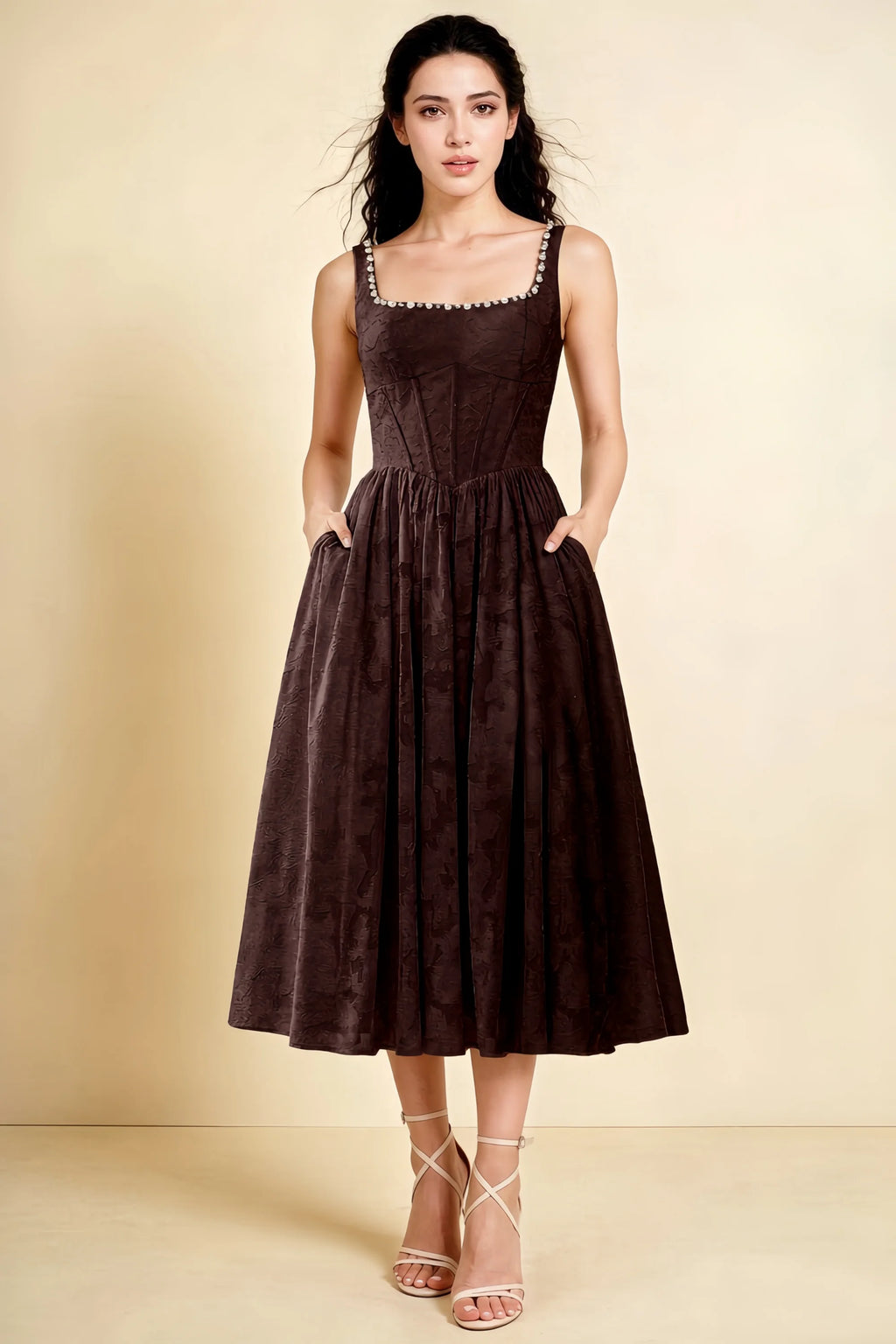 Alana Chocolate Brown Jacquard Pearl Midi Dress with Pockets