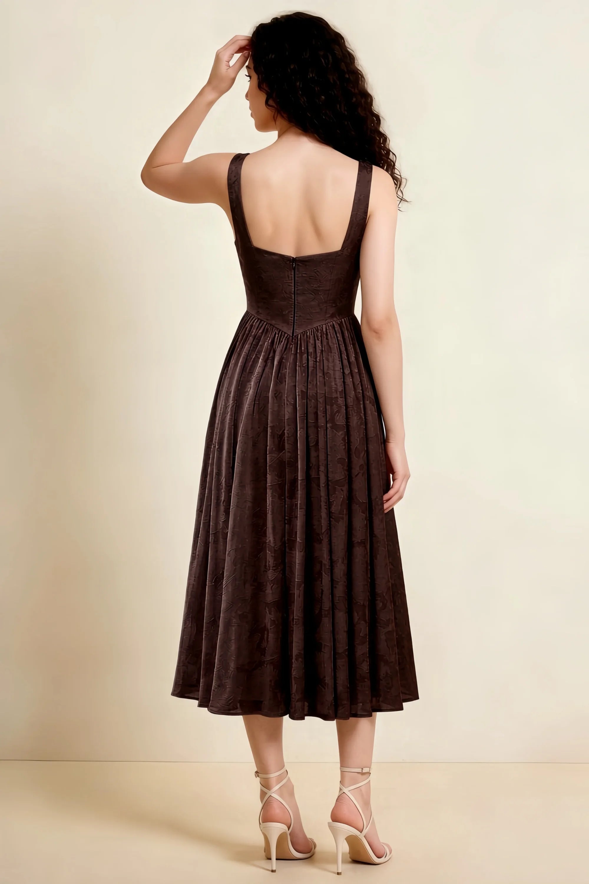 Alana Chocolate Brown Jacquard Pearl Midi Dress with Pockets Secondary image