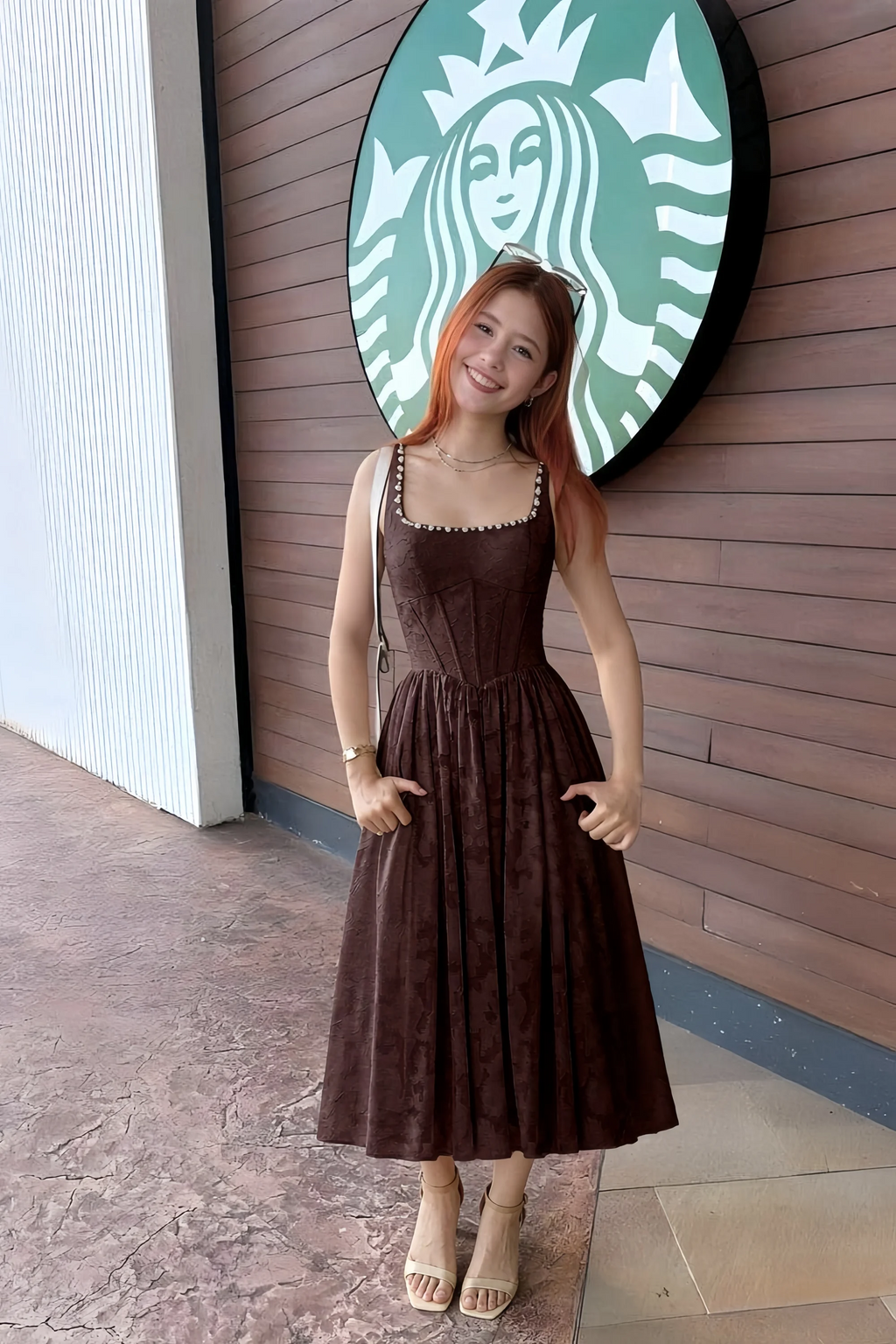 Alana Chocolate Brown Jacquard Pearl Midi Dress with Pockets