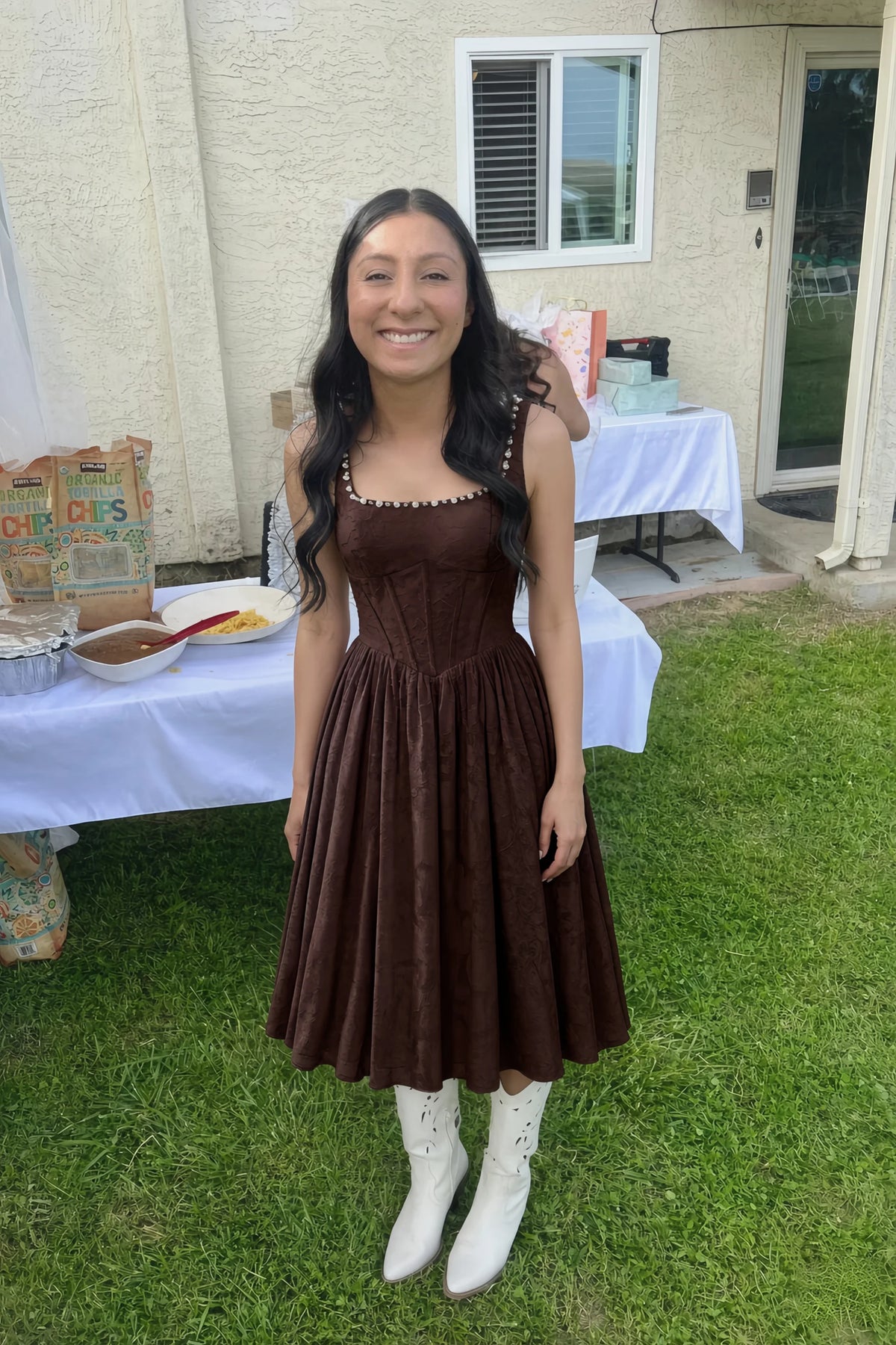 Alana Chocolate Brown Jacquard Pearl Midi Dress with Pockets
