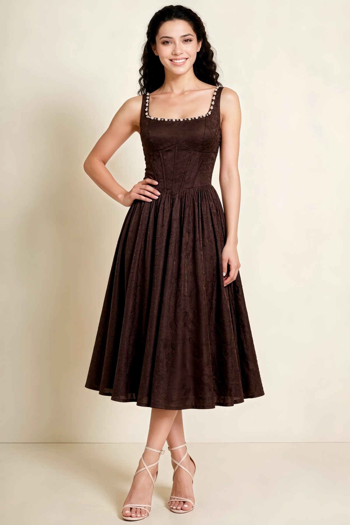 Alana Chocolate Brown Jacquard Pearl Midi Dress with Pockets