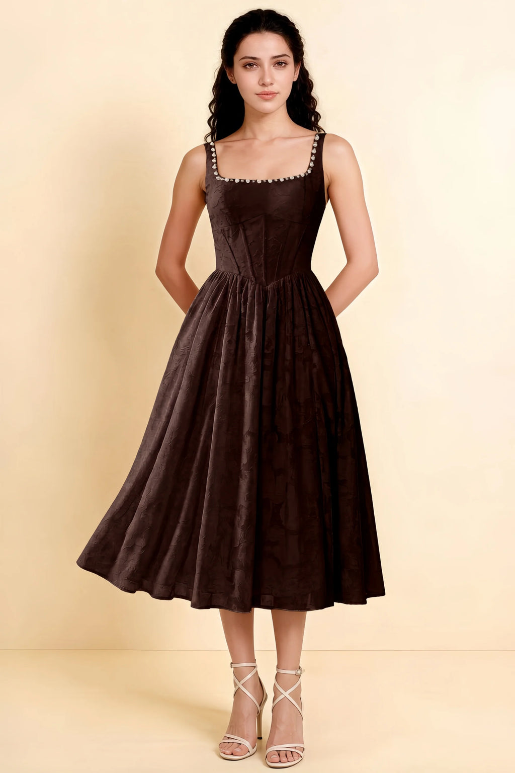 Alana Chocolate Brown Jacquard Pearl Midi Dress with Pockets