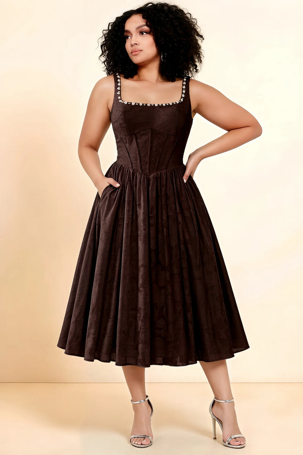 Alana Chocolate Brown Jacquard Pearl Midi Dress with Pockets