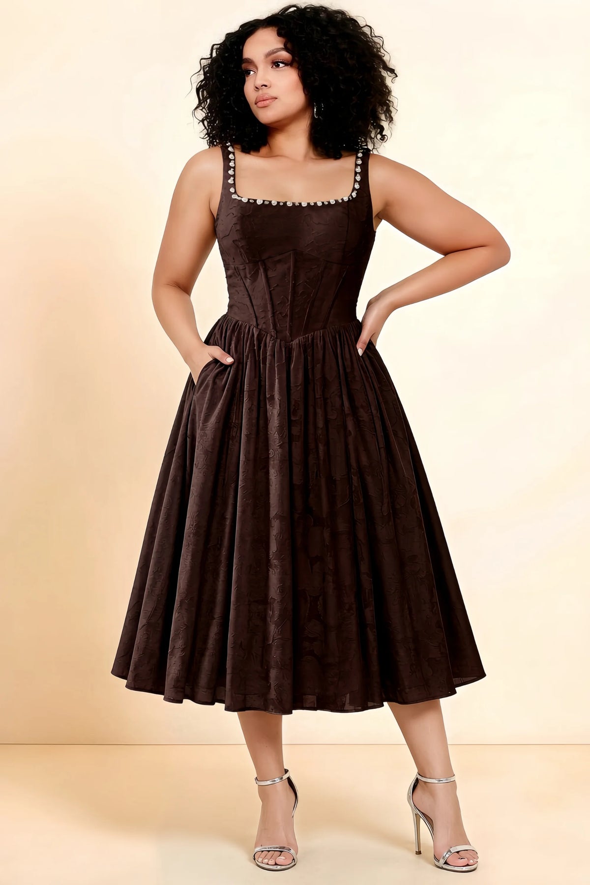 Alana Chocolate Brown Jacquard Pearl Midi Dress with Pockets