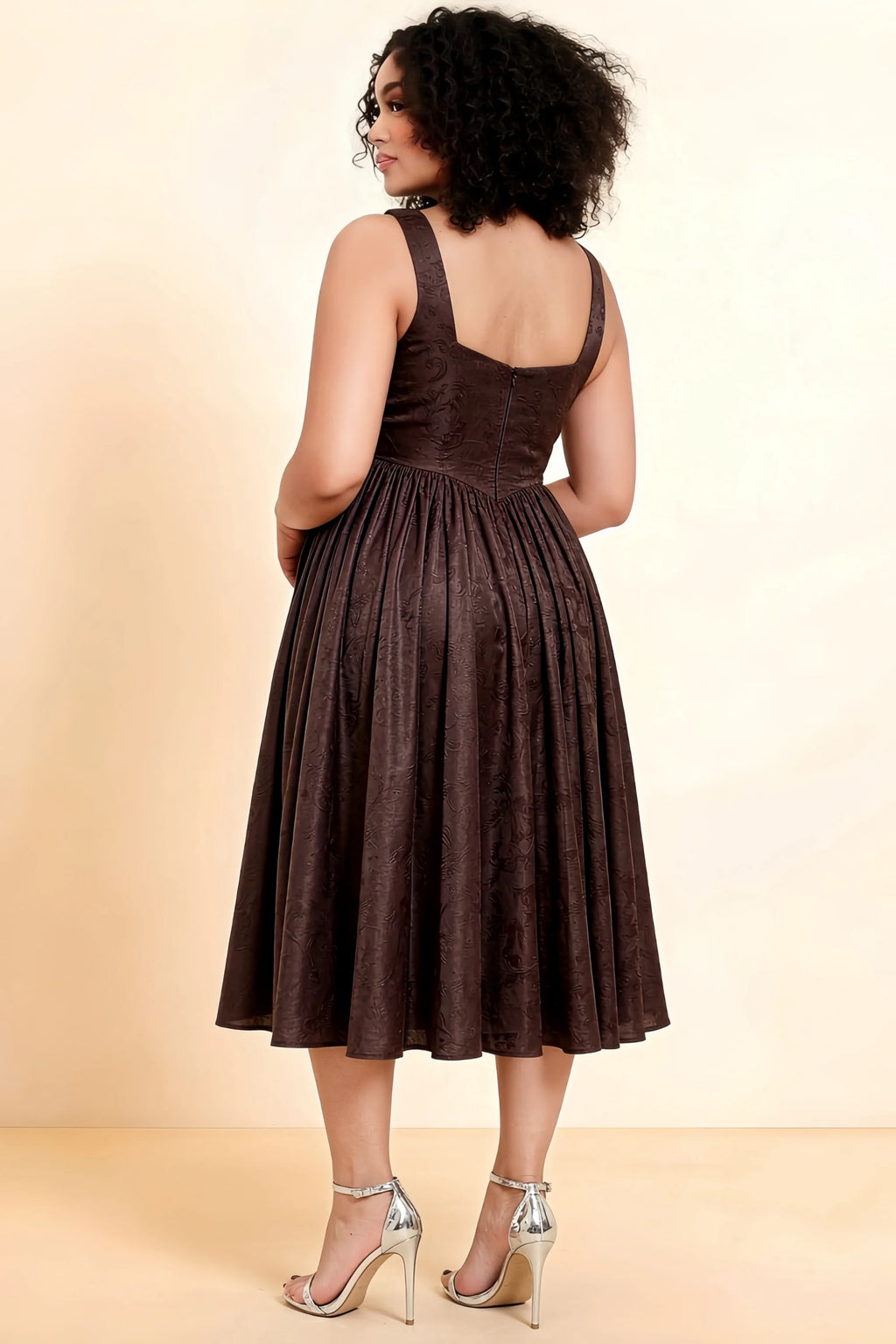 Alana Chocolate Brown Jacquard Pearl Midi Dress with Pockets