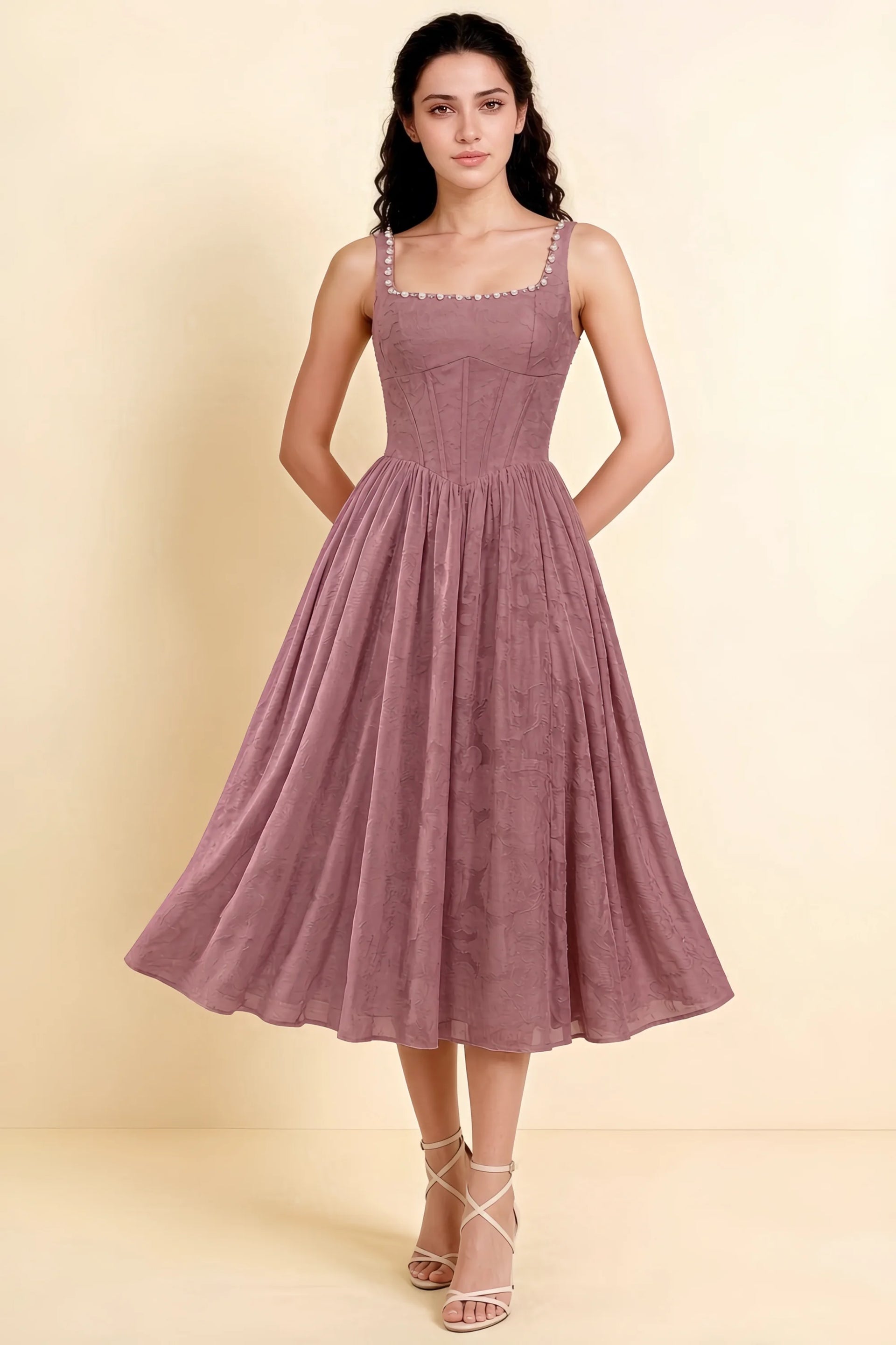 Alana Dusty Pink Jacquard Pearl Midi Dress with Pockets