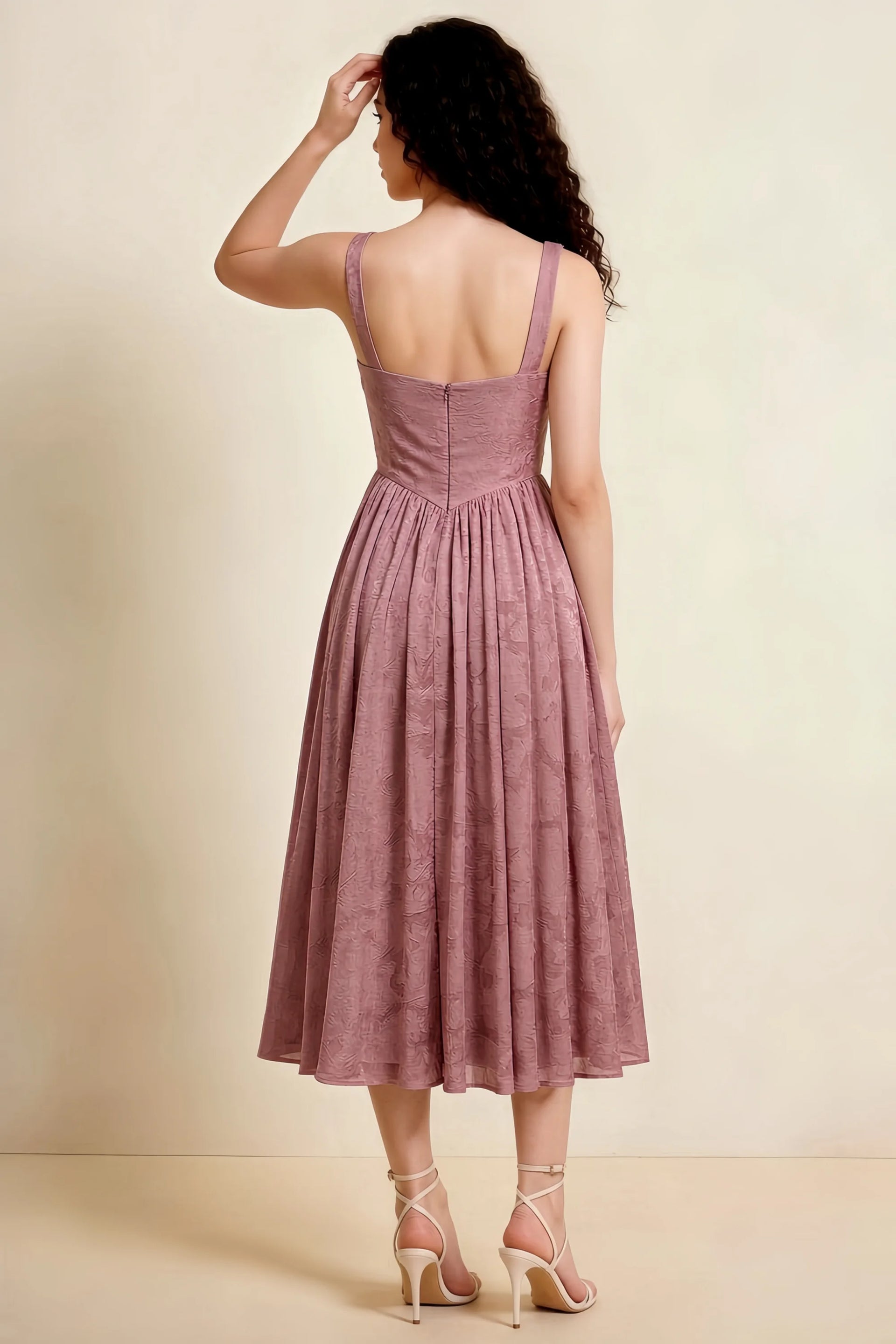 Alana Dusty Pink Jacquard Pearl Midi Dress with Pockets