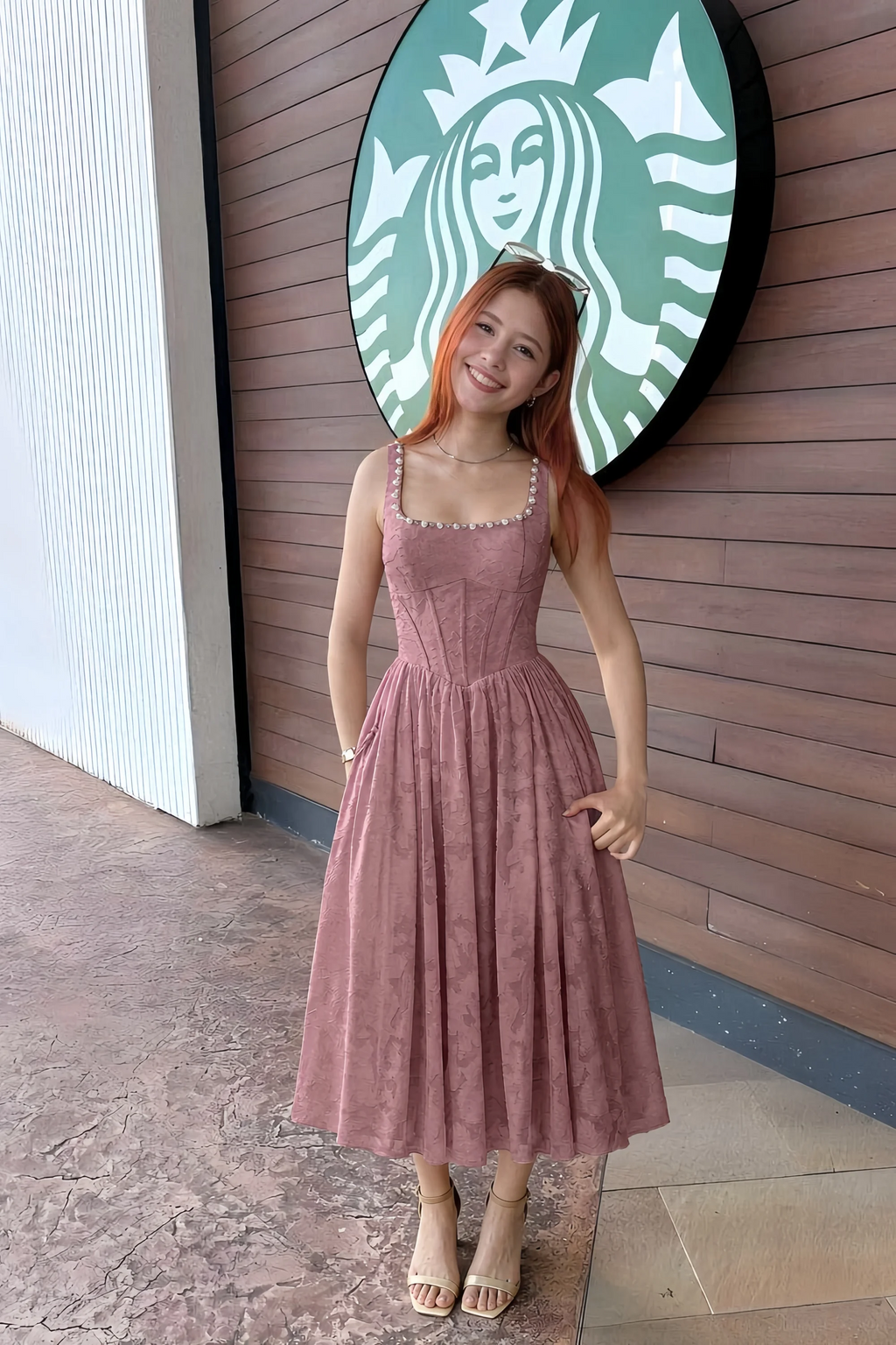 Alana Dusty Pink Jacquard Pearl Midi Dress with Pockets