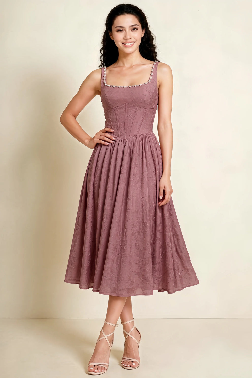 Alana Dusty Pink Jacquard Pearl Midi Dress with Pockets