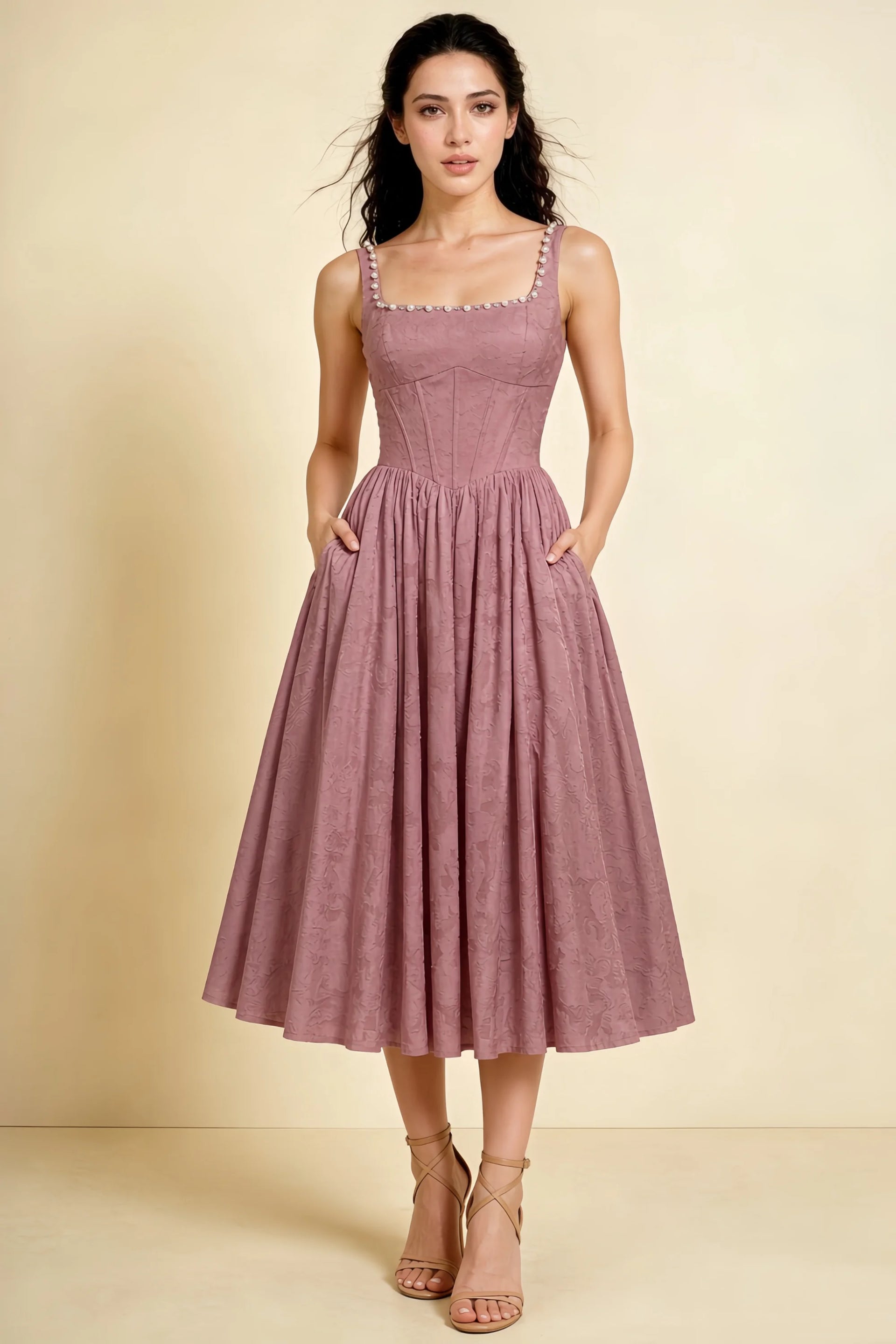 Alana Dusty Pink Jacquard Pearl Midi Dress with Pockets