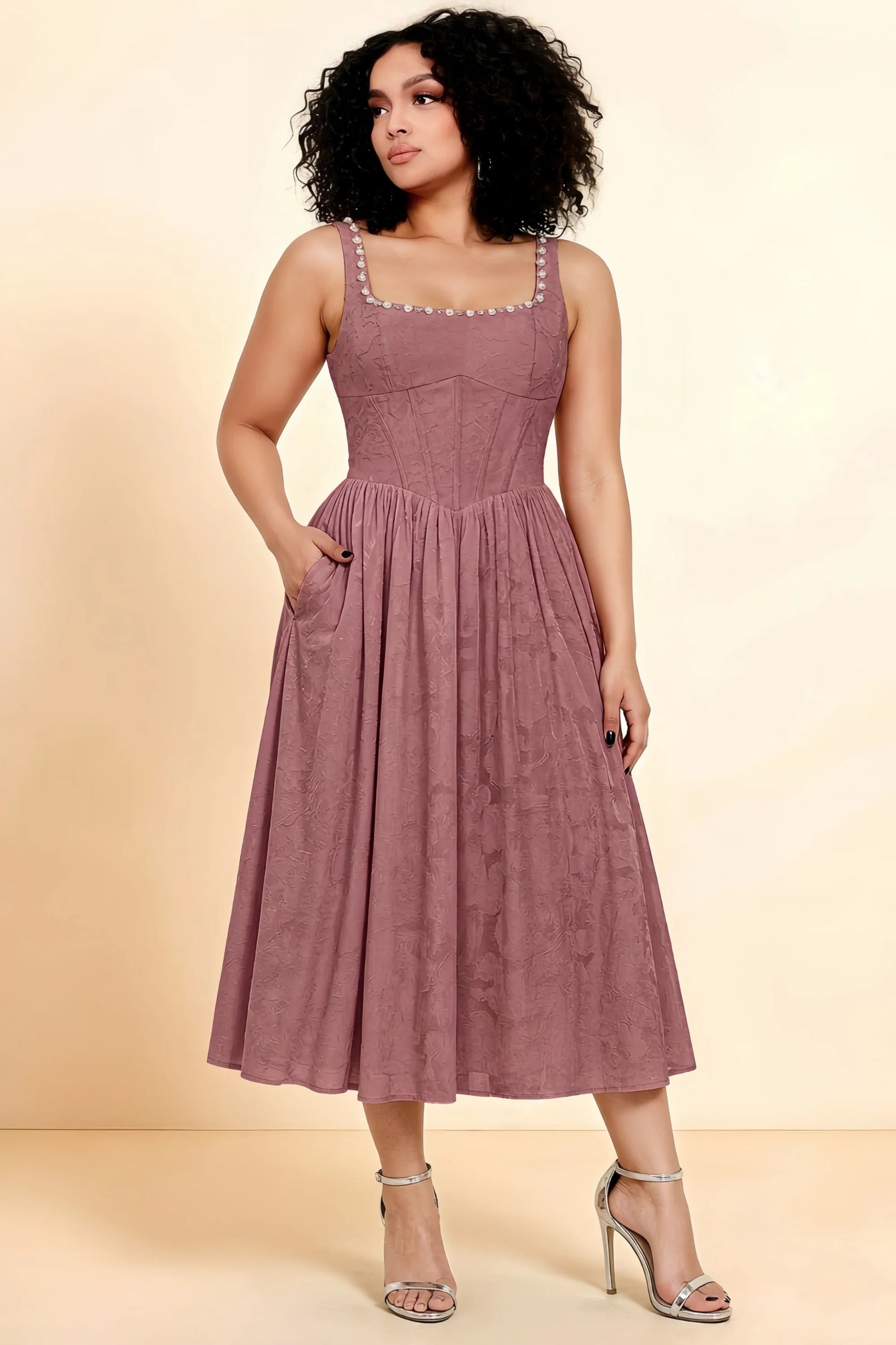 Alana Dusty Pink Jacquard Pearl Midi Dress with Pockets