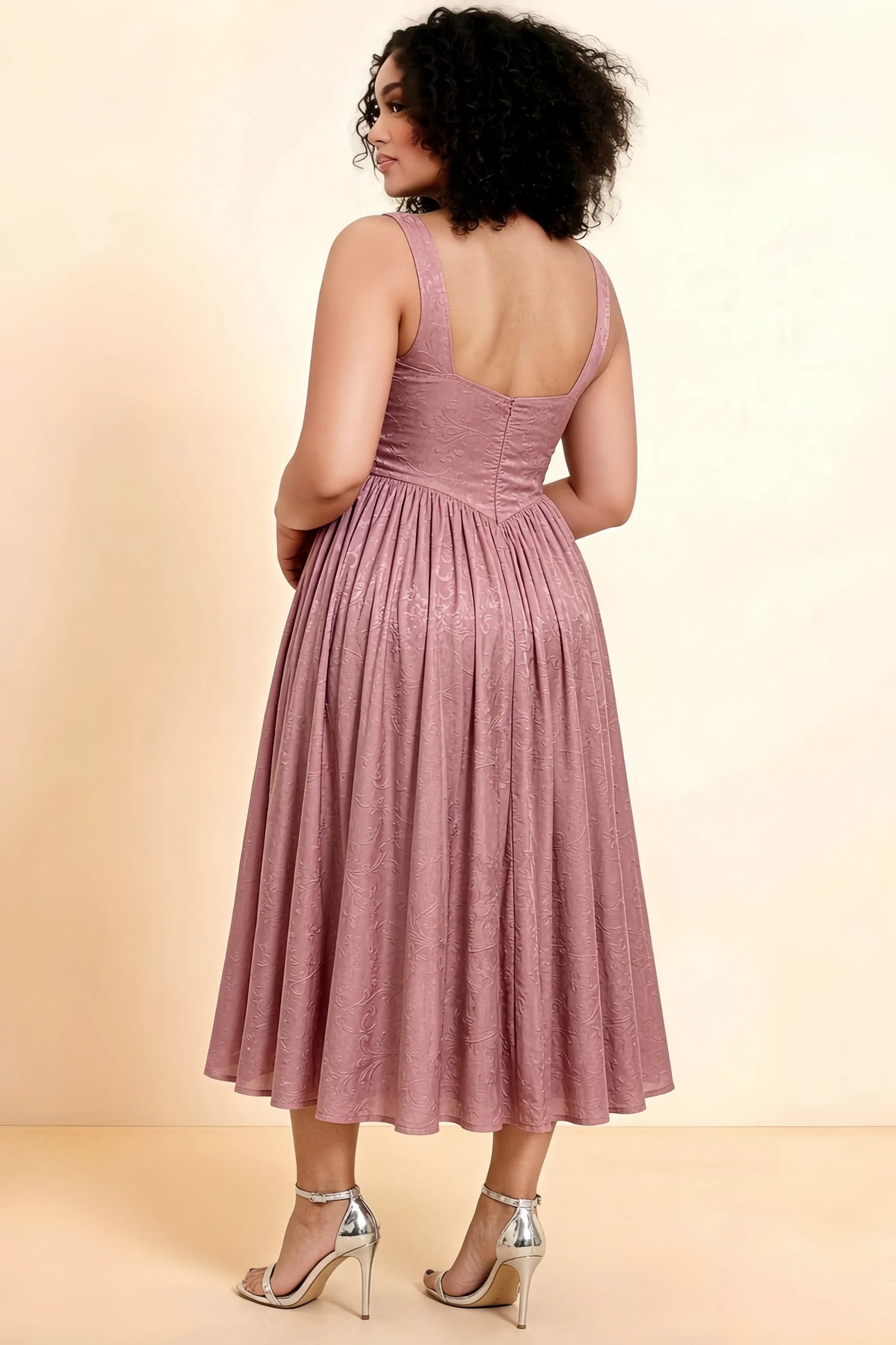 Alana Dusty Pink Jacquard Pearl Midi Dress with Pockets