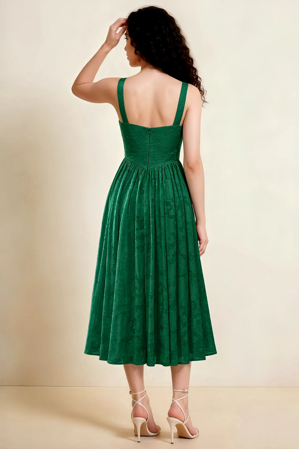 Alana Emerald Green Jacquard Pearl Midi Dress with Pockets