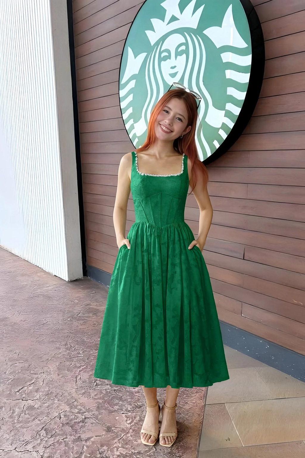 Alana Emerald Green Jacquard Pearl Midi Dress with Pockets