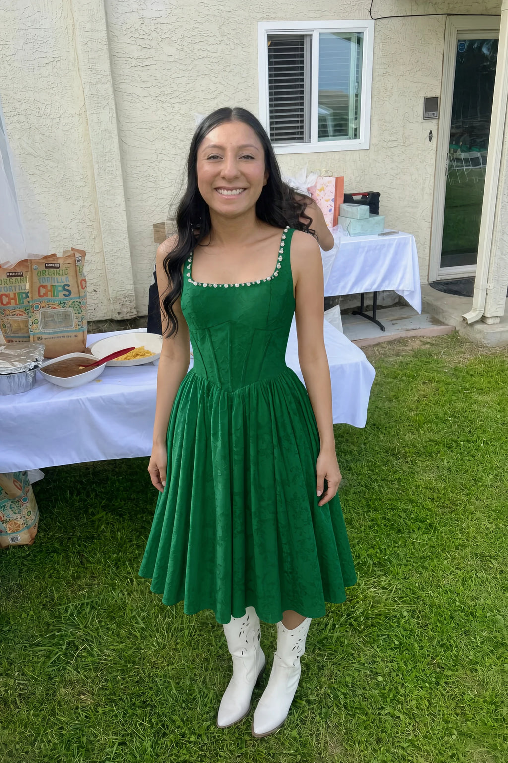 Alana Emerald Green Jacquard Pearl Midi Dress with Pockets