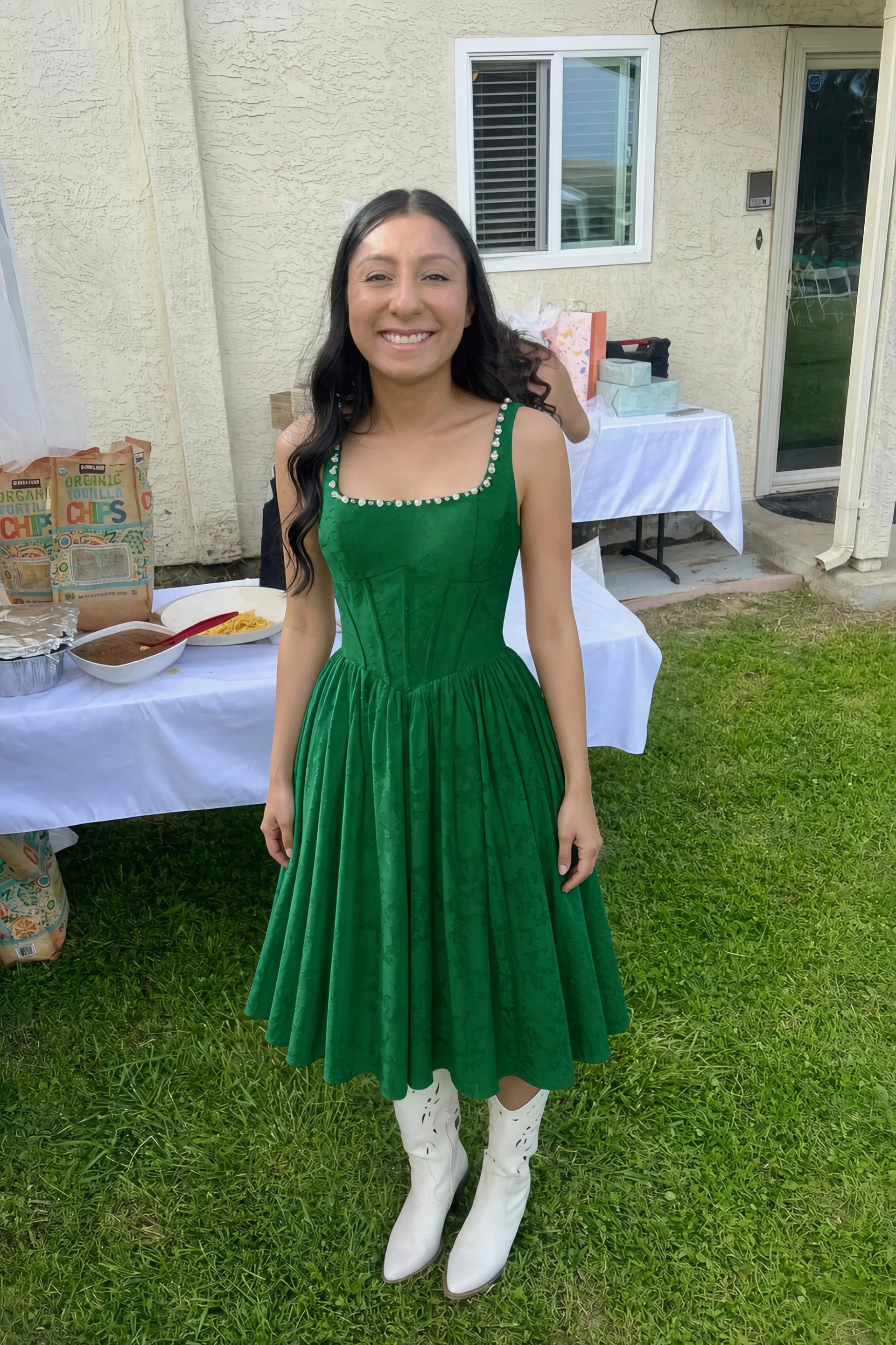 Alana Emerald Green Jacquard Pearl Midi Dress with Pockets
