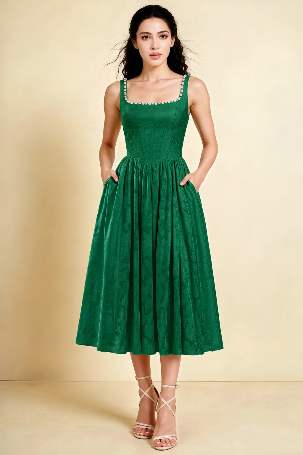 Alana Emerald Green Jacquard Pearl Midi Dress with Pockets