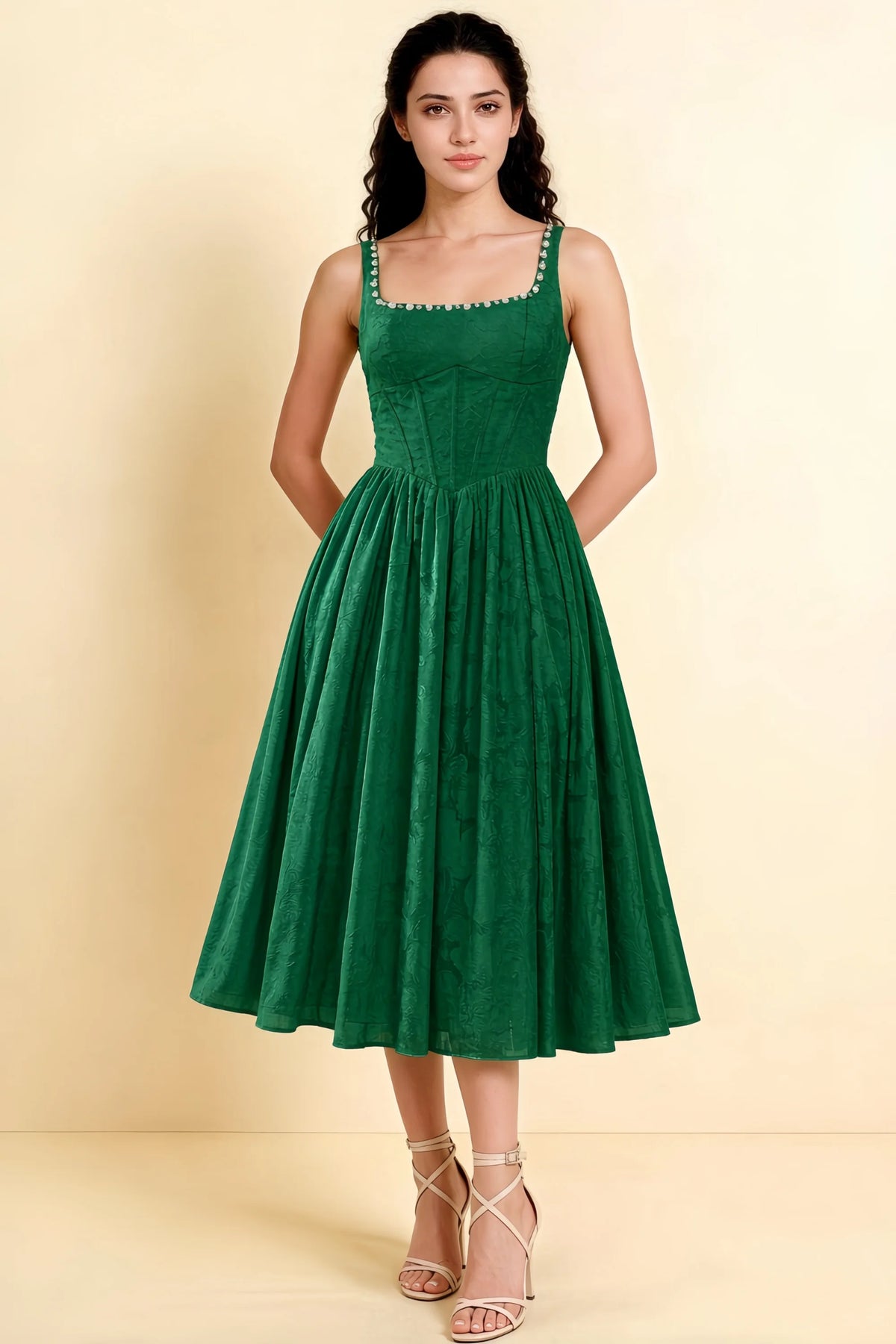 Alana Emerald Green Jacquard Pearl Midi Dress with Pockets