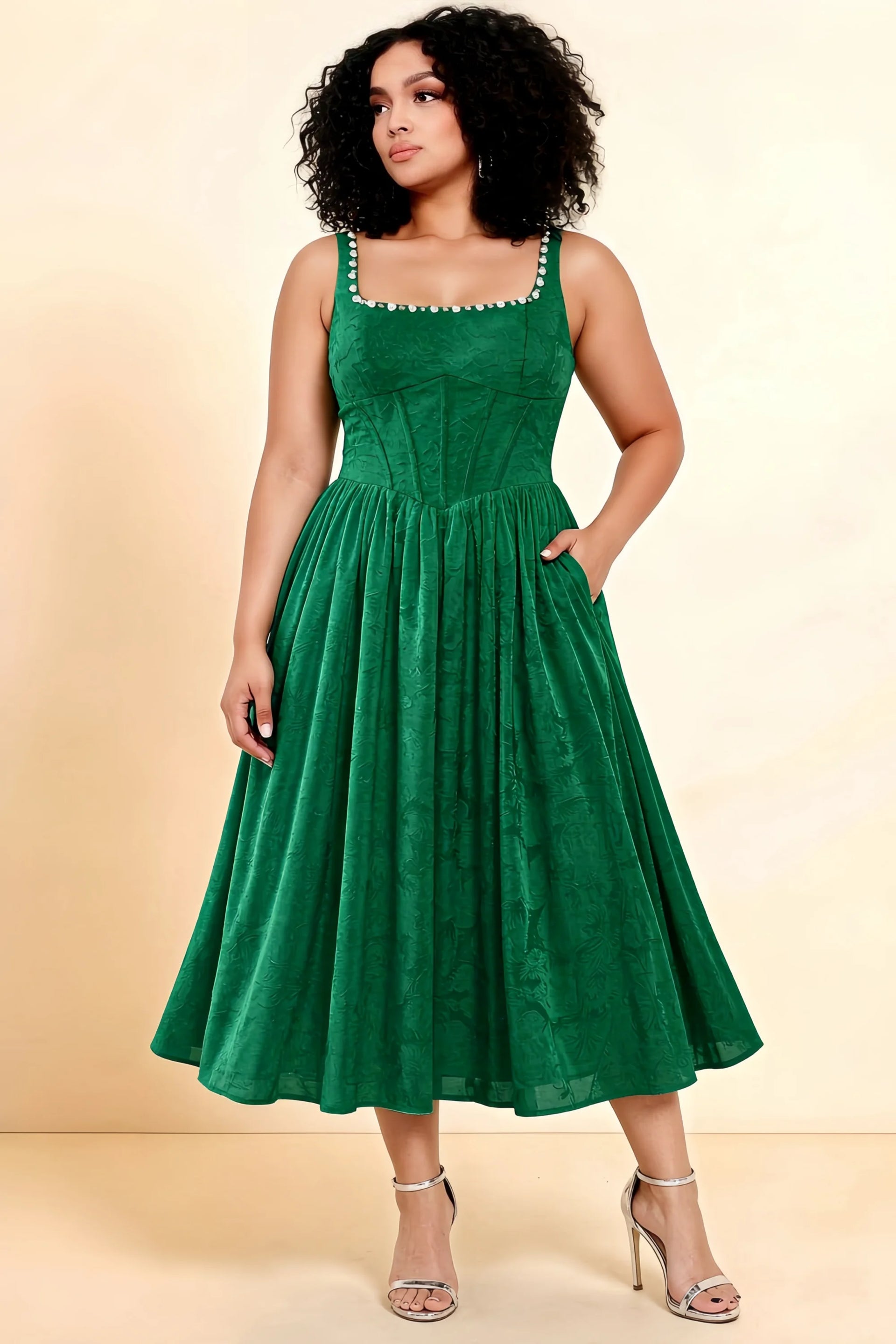 Alana Emerald Green Jacquard Pearl Midi Dress with Pockets