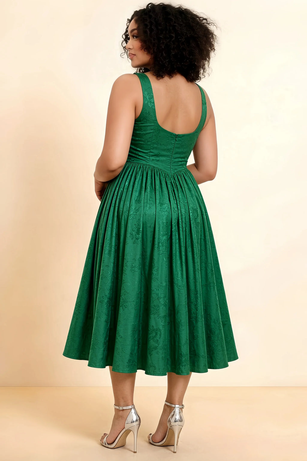 Alana Emerald Green Jacquard Pearl Midi Dress with Pockets